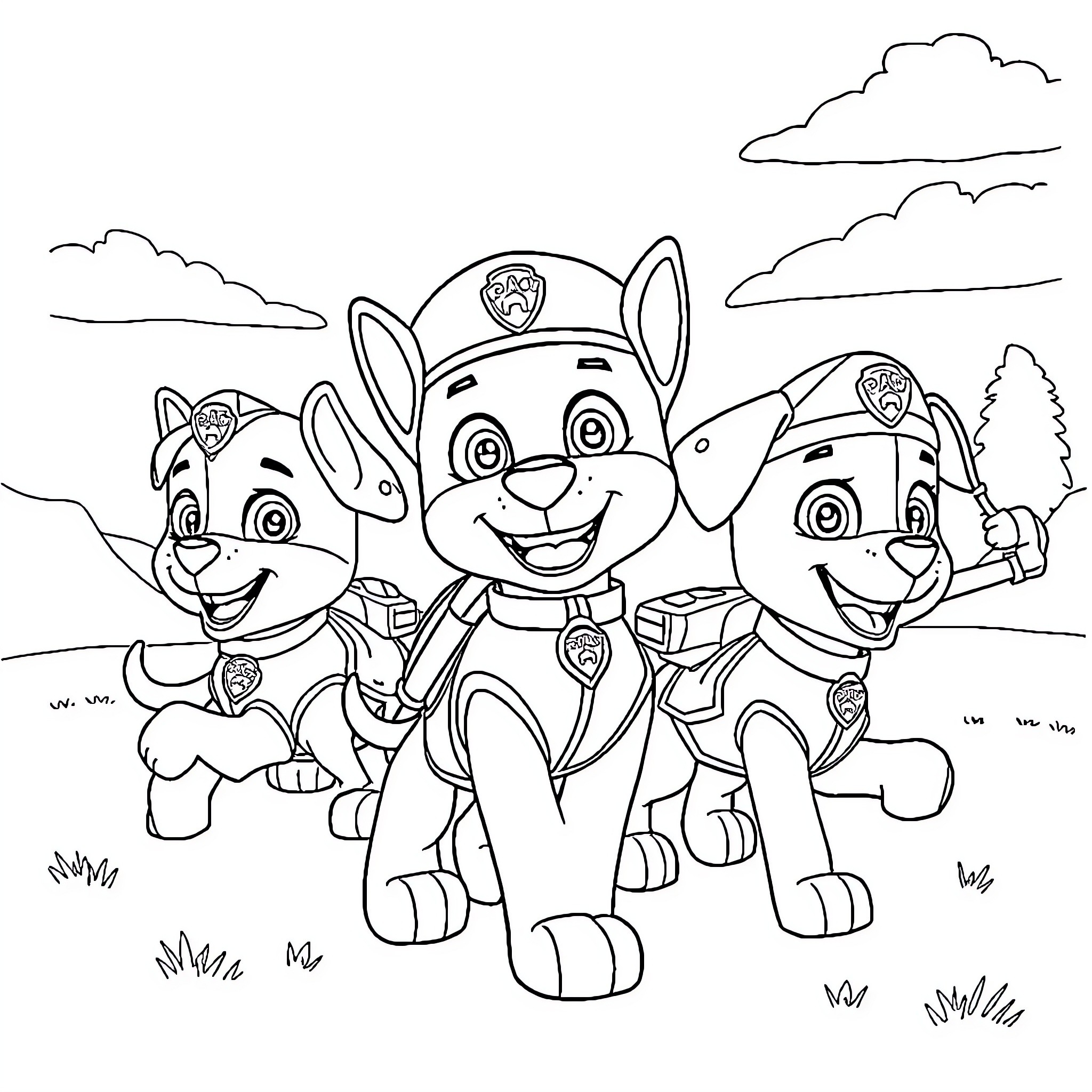 Paw Patrol pups on an adventure Coloring Page (free black-and-white line drawing printable PDF for all, from beginners to advanced learners, including children, teens, adults, and seniors)