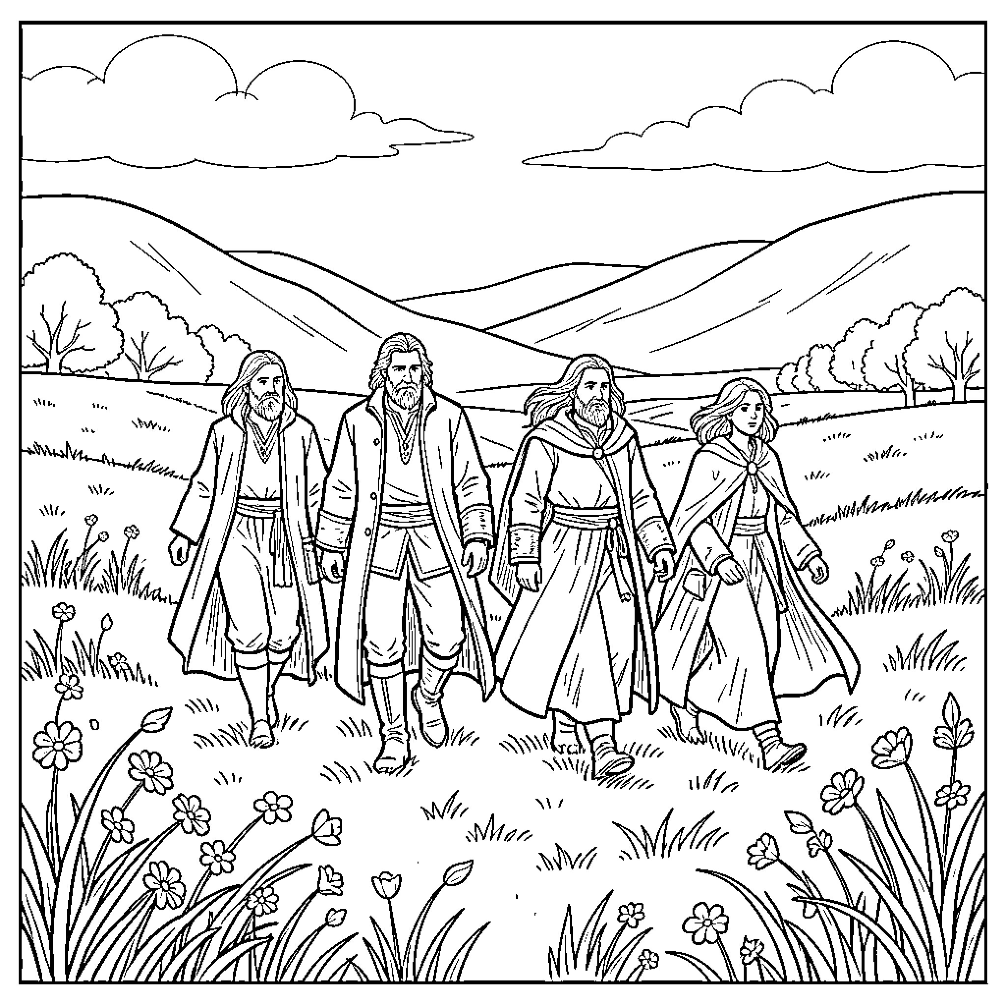 Fellowship of adventurers journeying through the enchanted landscape Coloring Page (free black-and-white line drawing printable PDF for all, from beginners to advanced learners, including children, teens, adults, and seniors)