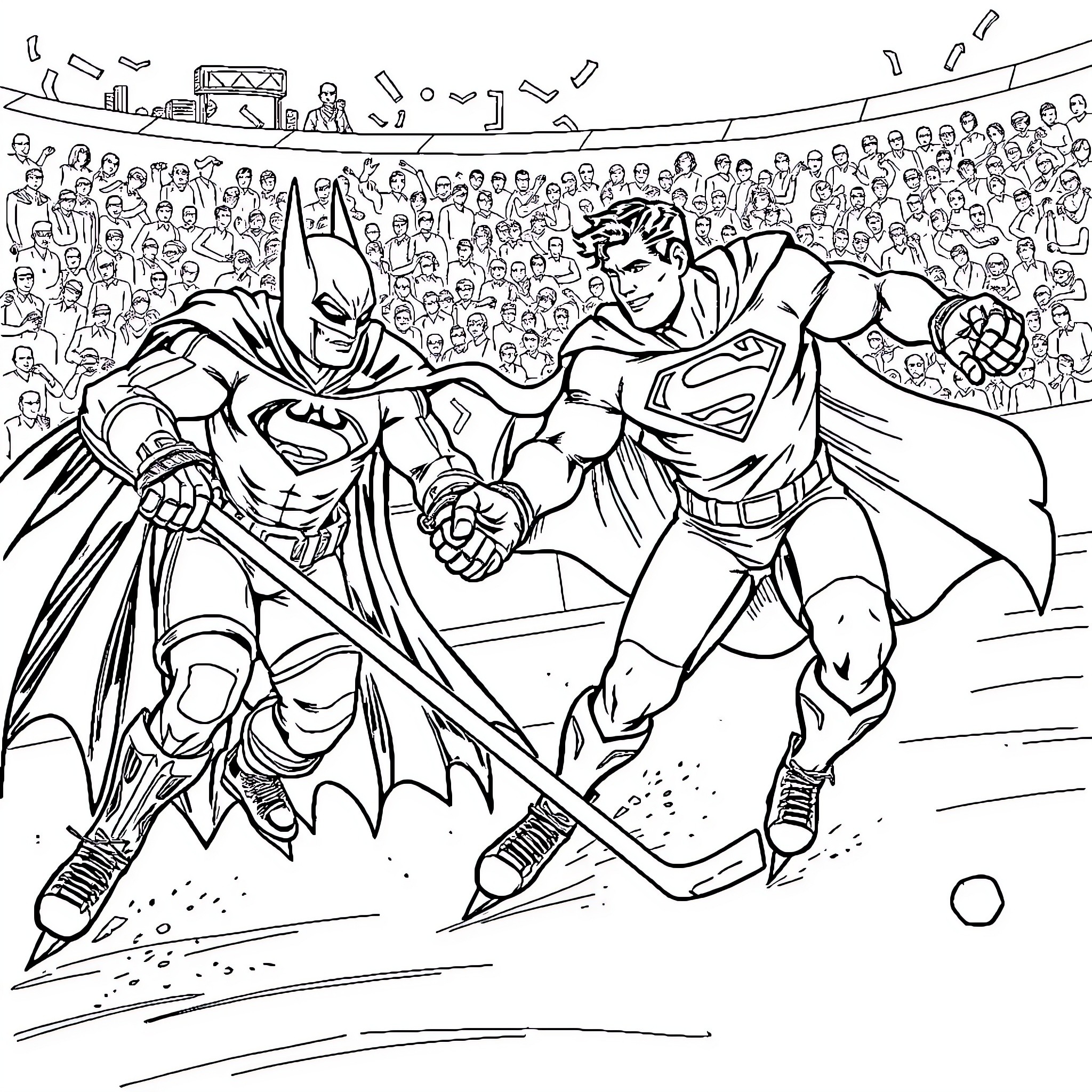 Superman and Batman battling in a crowded stadium Coloring Page (free black-and-white line drawing printable PDF for all, from beginners to advanced learners, including children, teens, adults, and seniors)