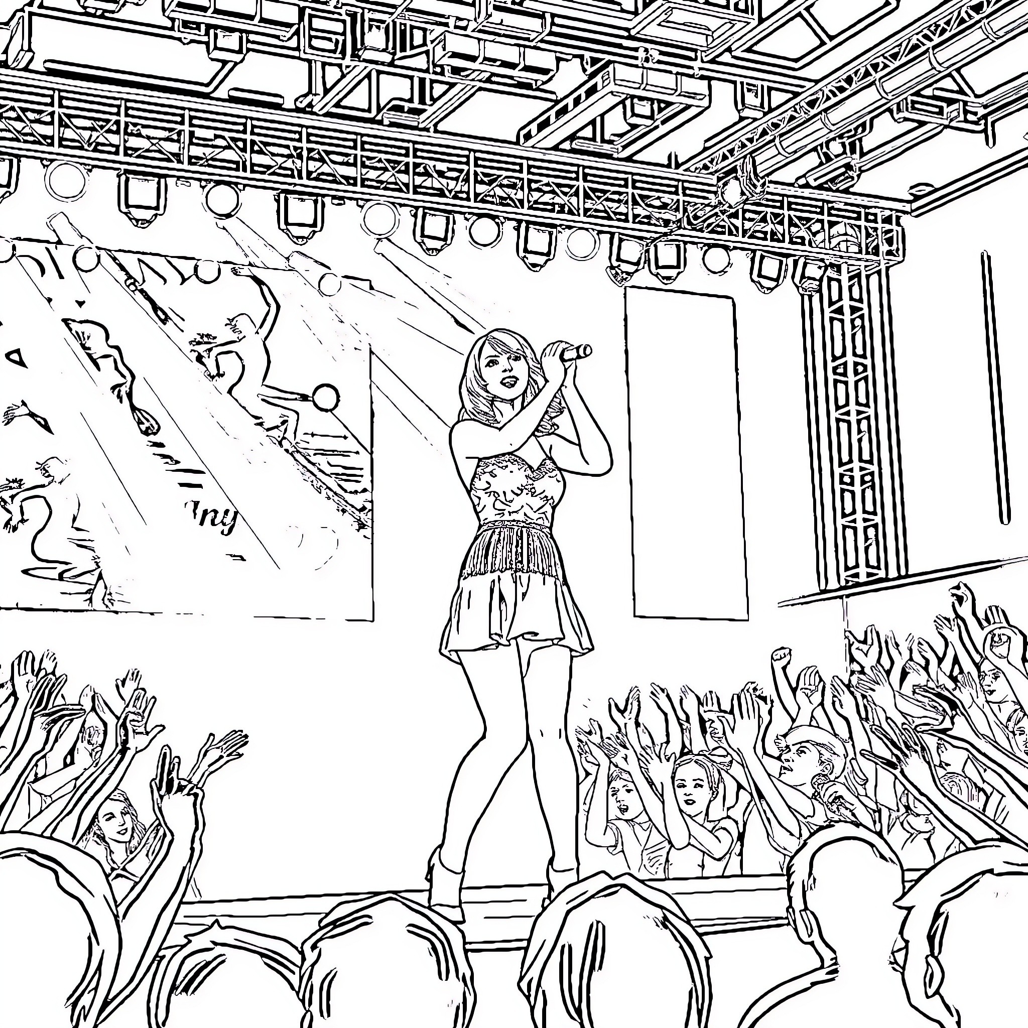 Taylor Swift's energetic performance on stage Coloring Page (free black-and-white line drawing printable PDF for all, from beginners to advanced learners, including children, teens, adults, and seniors)