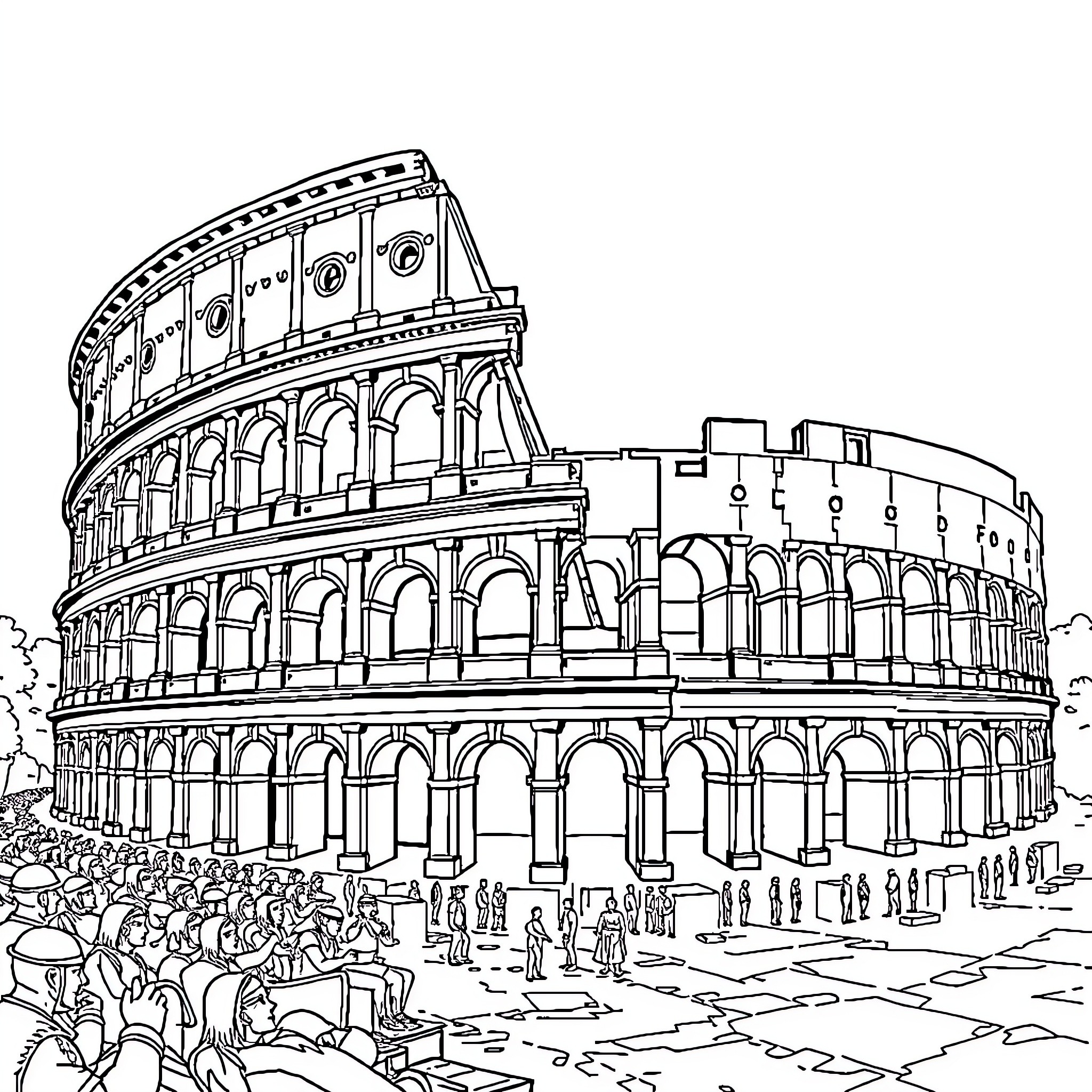 Colosseum: Historic Roman Architecture in Sketch Coloring Page (free black-and-white line drawing printable PDF for all, from beginners to advanced learners, including children, teens, adults, and seniors)