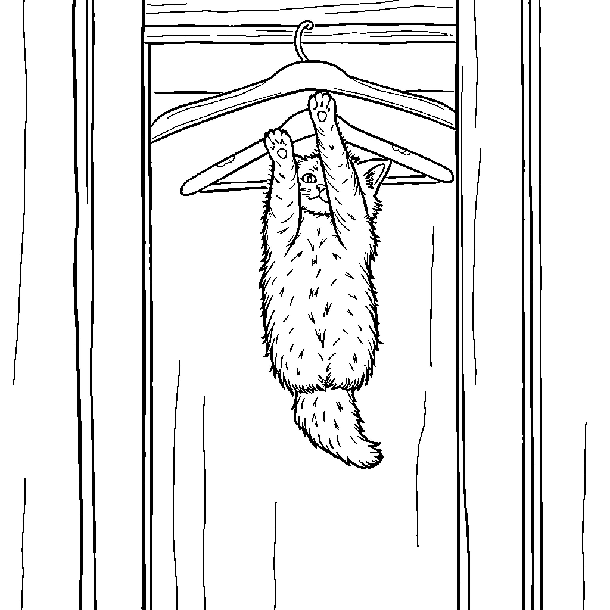 Cat clinging to clothing hanger in playful manner Coloring Page (free black-and-white line drawing printable PDF for all, from beginners to advanced learners, including children, teens, adults, and seniors)