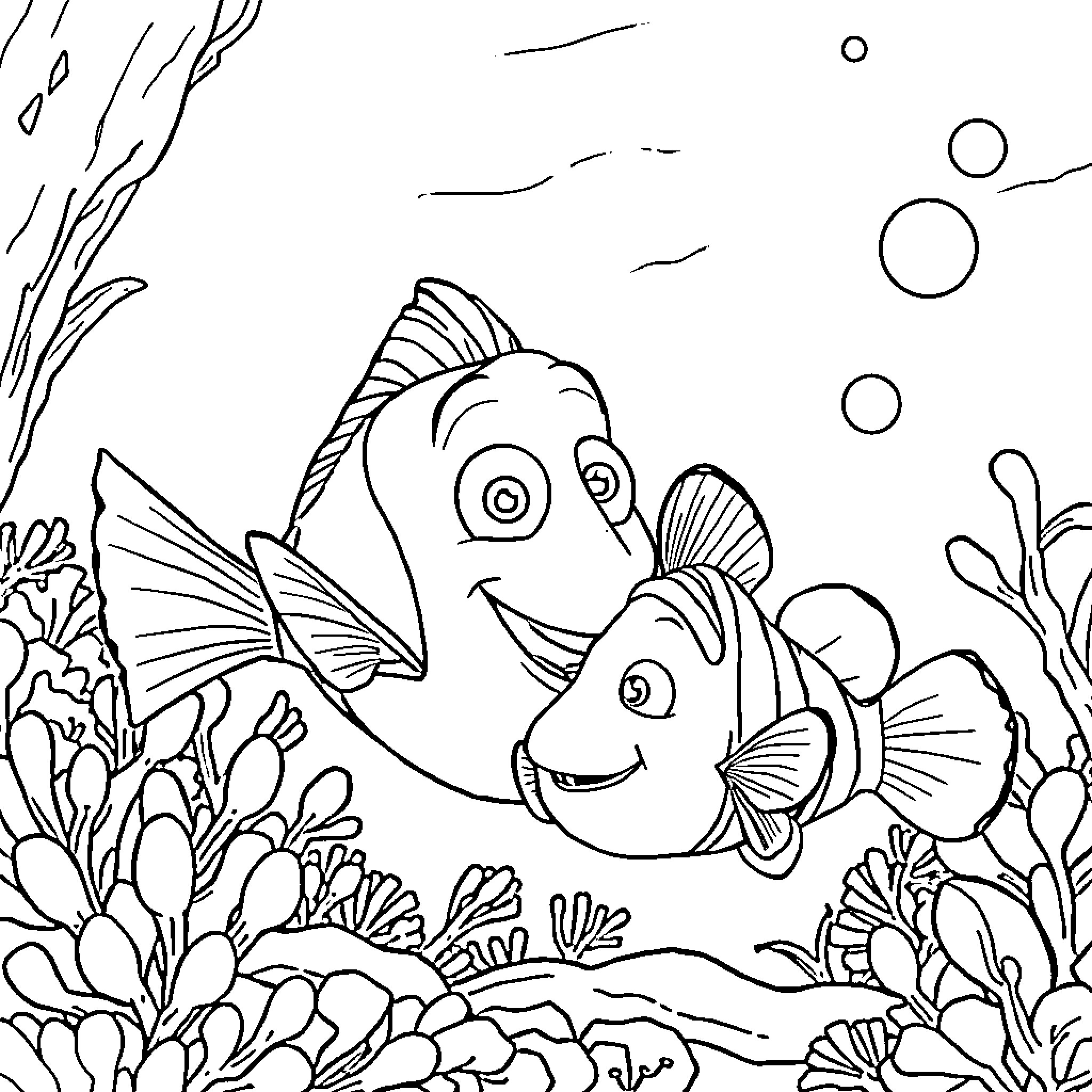 Bob esponja and Nemo exploring the underwater coral reef Coloring Page (free black-and-white line drawing printable PDF for all, from beginners to advanced learners, including children, teens, adults, and seniors)