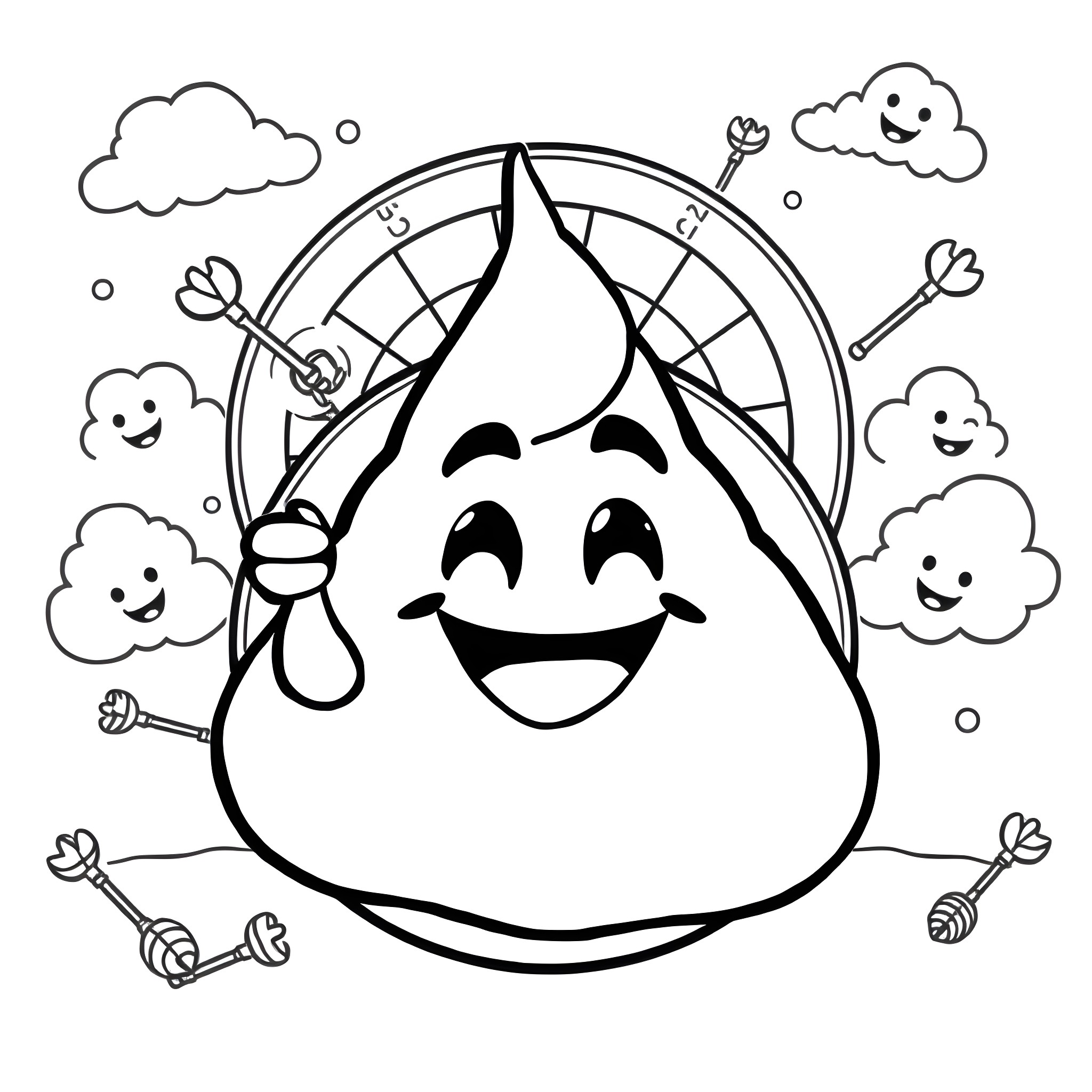 Poo having fun in the sky with clouds Coloring Page (free black-and-white line drawing printable PDF for all, from beginners to advanced learners, including children, teens, adults, and seniors)