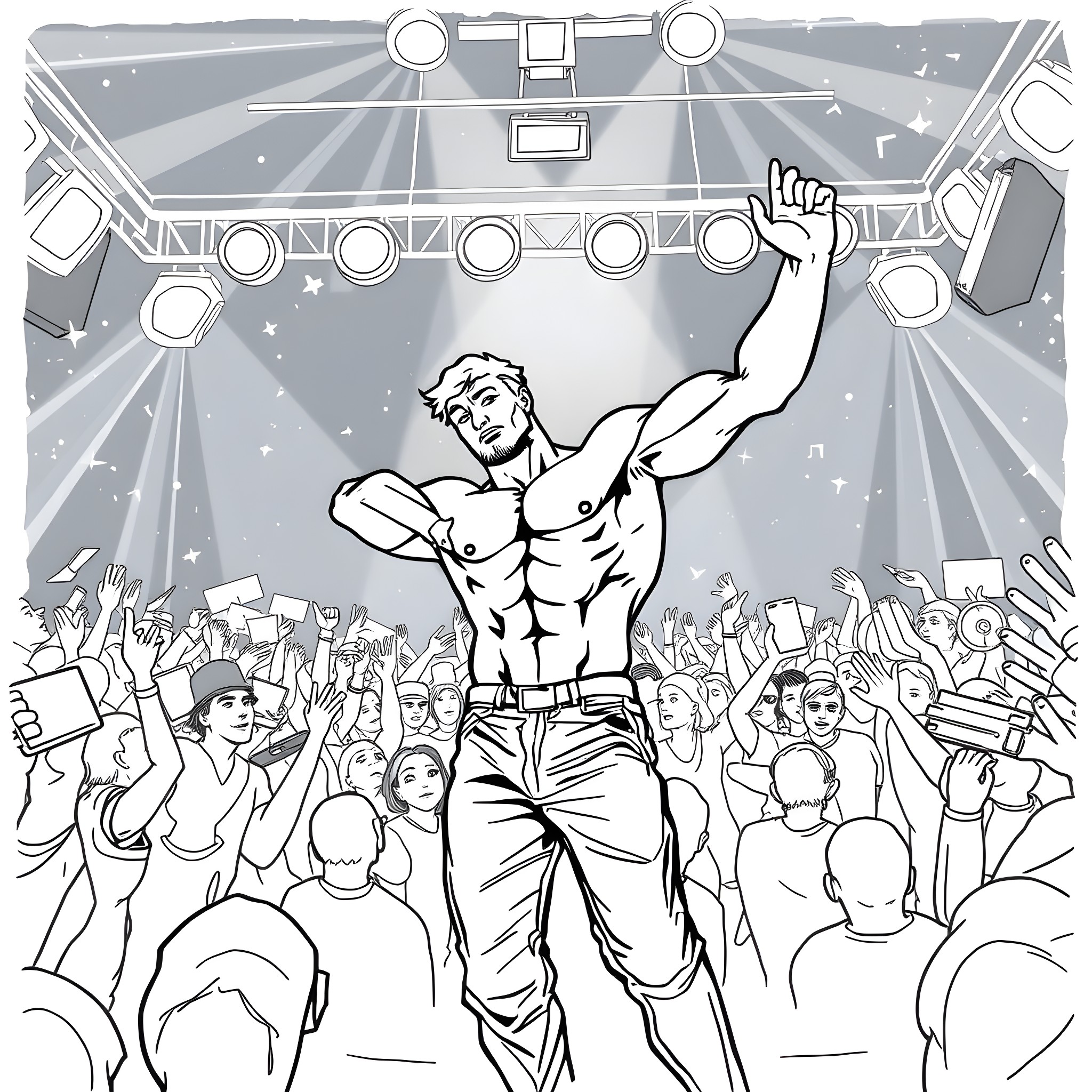 Man raising hands on stage before cheering crowd Coloring Page (free black-and-white line drawing printable PDF for all, from beginners to advanced learners, including children, teens, adults, and seniors)