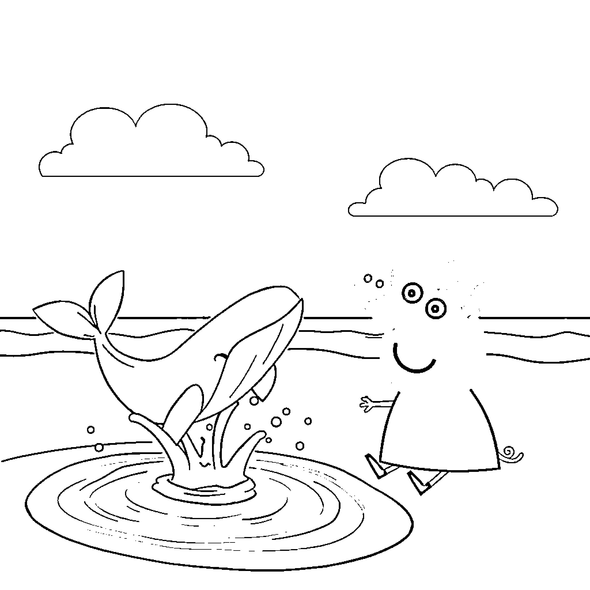 Peppa Pig splashing in the puddle with whale Coloring Page (free black-and-white line drawing printable PDF for all, from beginners to advanced learners, including children, teens, adults, and seniors)