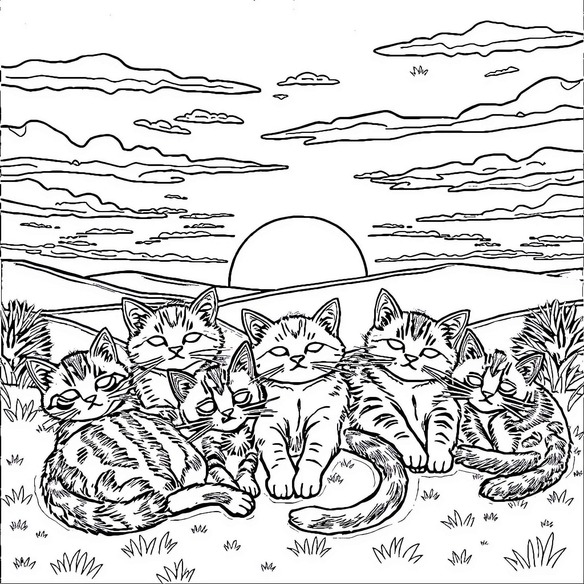 Cat family relaxing in the peaceful landscape Coloring Page (free black-and-white line drawing printable PDF for all, from beginners to advanced learners, including children, teens, adults, and seniors)