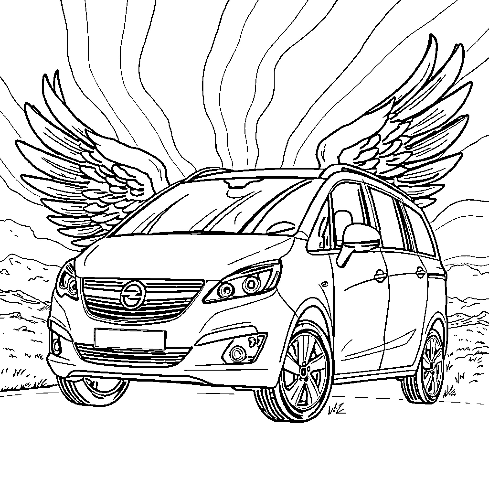Opel Zafira with angelic wings in scenic landscape Coloring Page (free black-and-white line drawing printable PDF for all, from beginners to advanced learners, including children, teens, adults, and seniors)