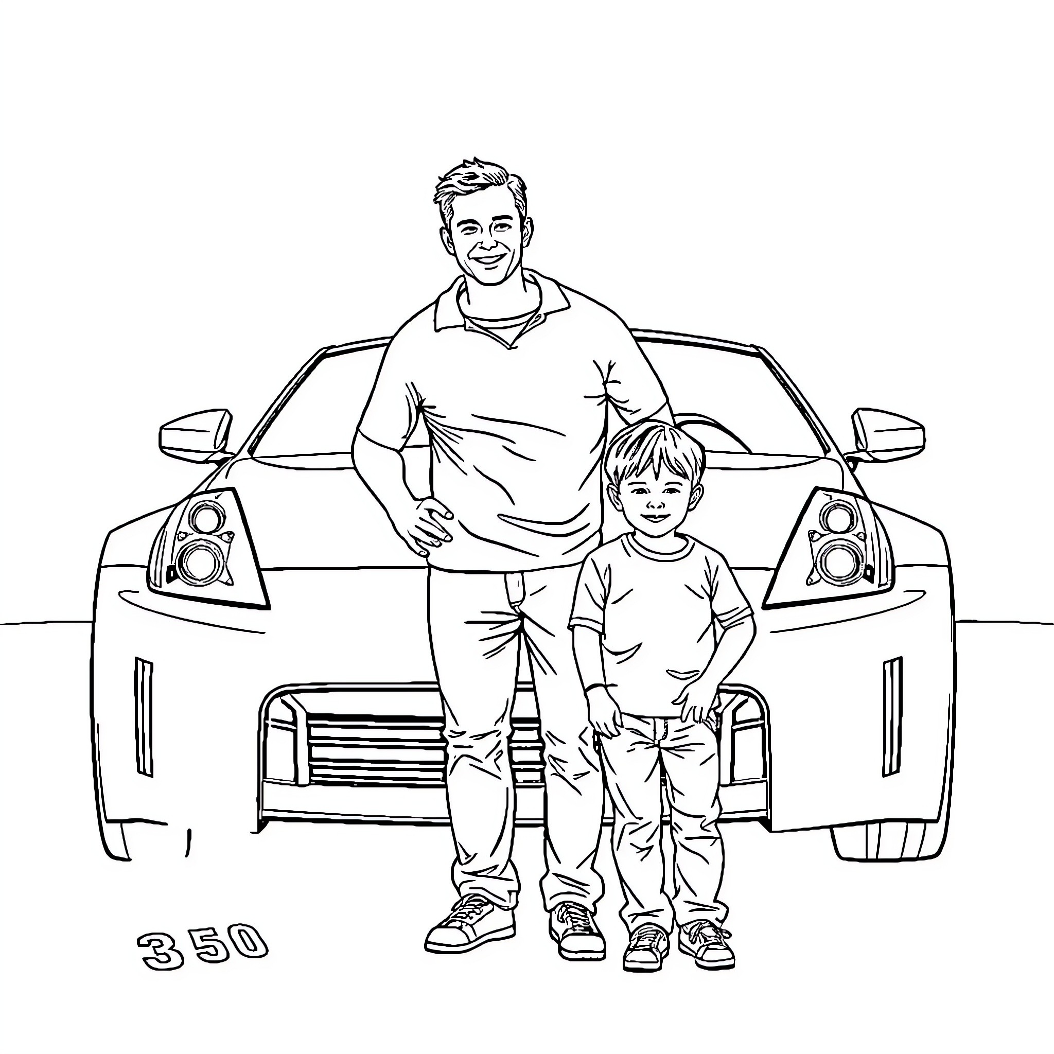 Car with father and son posing in front Coloring Page (free black-and-white line drawing printable PDF for all, from beginners to advanced learners, including children, teens, adults, and seniors)