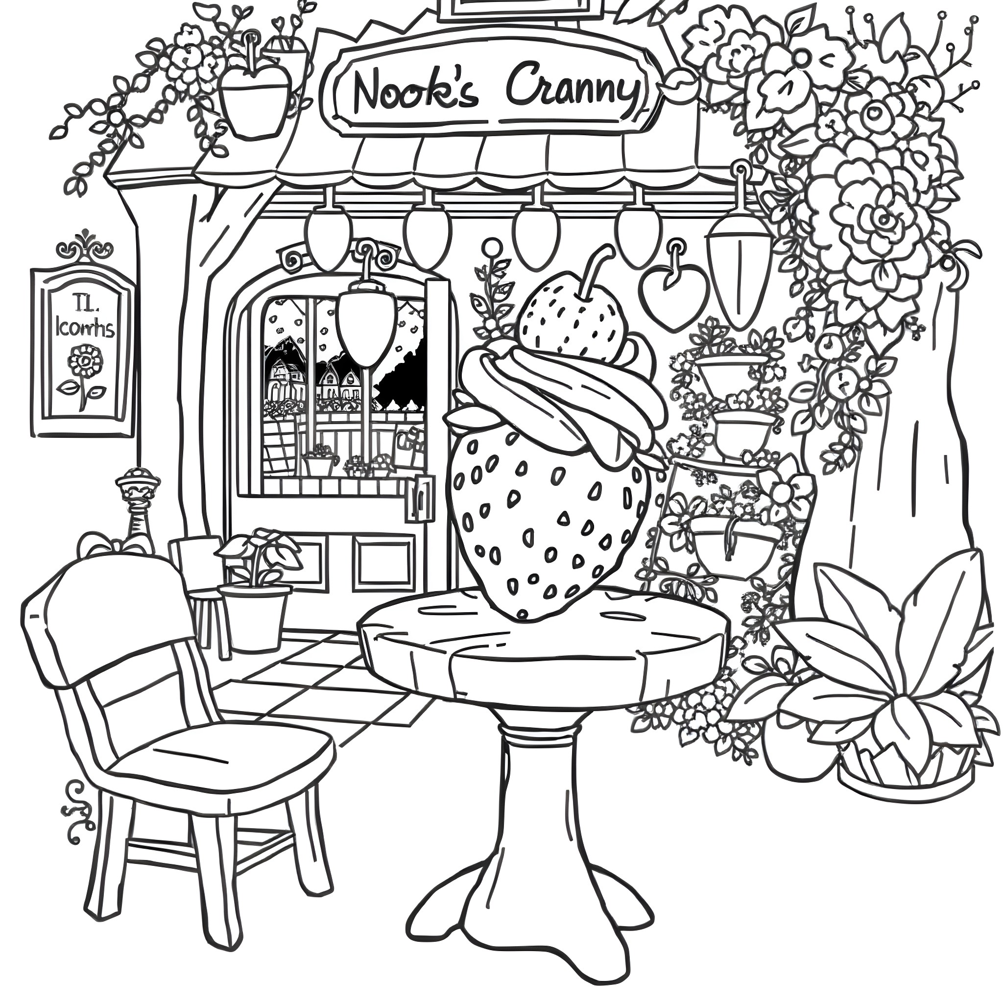 Strawberry Shortcake's Cozy Cafe Scene Coloring Page (free black-and-white line drawing printable PDF for all, from beginners to advanced learners, including children, teens, adults, and seniors)