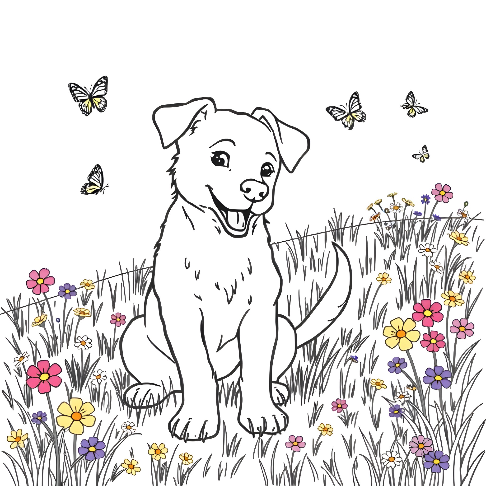 Dog playing in a flower field with butterflies Coloring Page (free black-and-white line drawing printable PDF for all, from beginners to advanced learners, including children, teens, adults, and seniors)