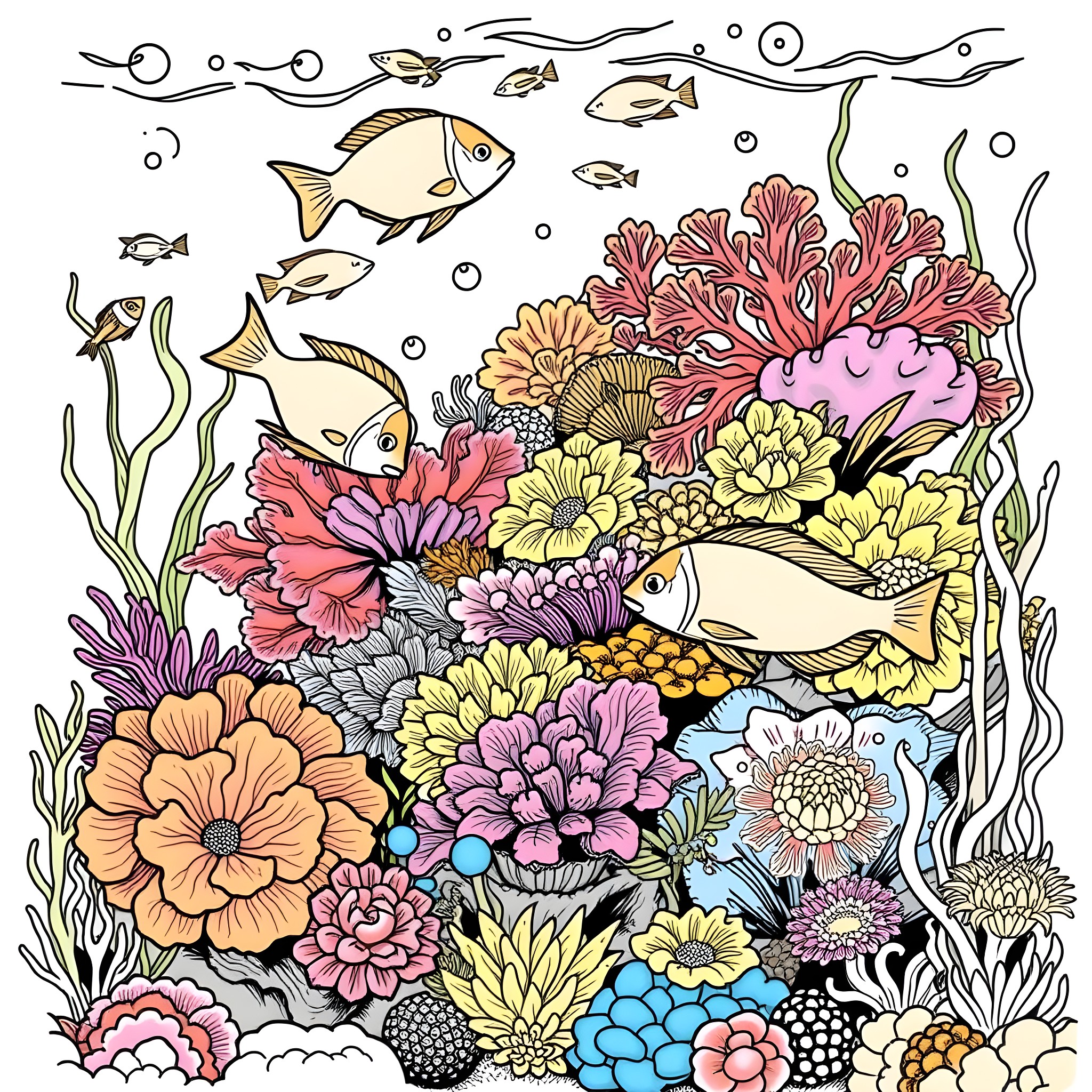 Fish exploring a vibrant underwater garden Coloring Page (free black-and-white line drawing printable PDF for all, from beginners to advanced learners, including children, teens, adults, and seniors)