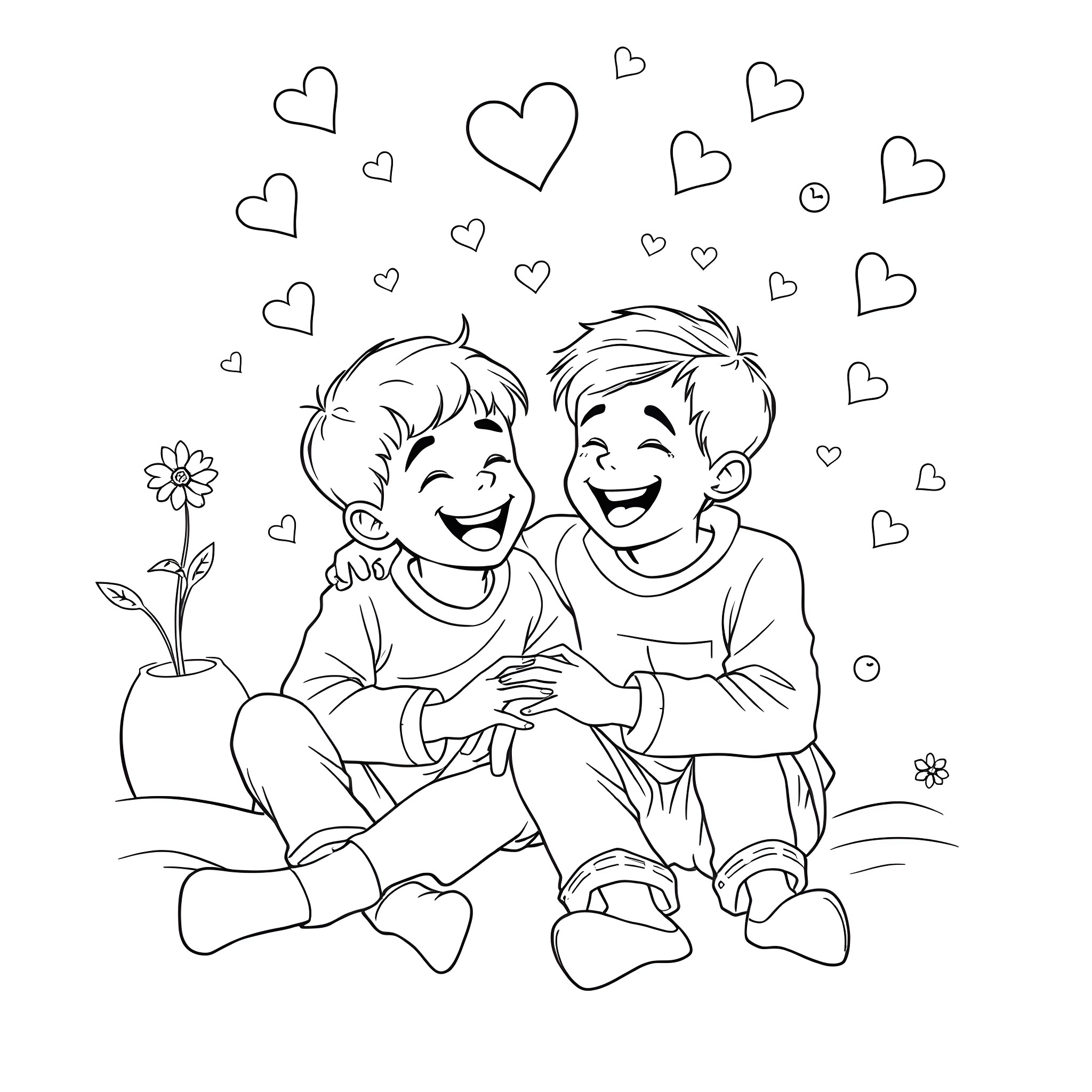 Brother Sharing a Joyful Moment Together Coloring Page (free black-and-white line drawing printable PDF for all, from beginners to advanced learners, including children, teens, adults, and seniors)