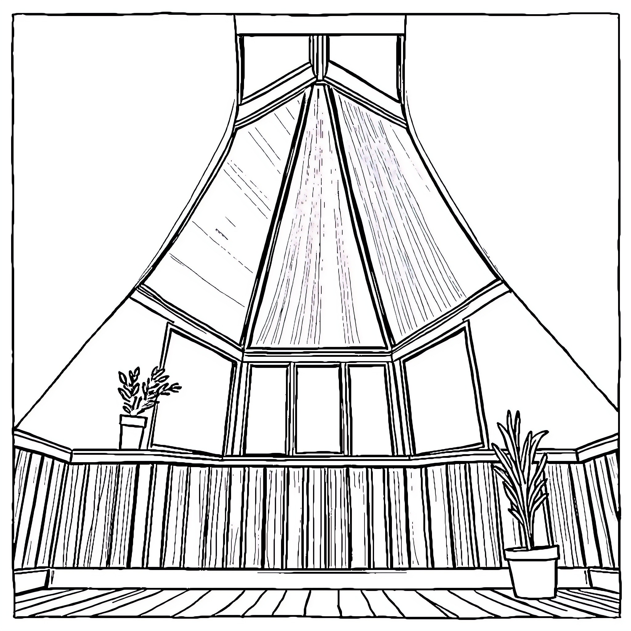 Skylight over a Greenhouse Interior Coloring Page (free black-and-white line drawing printable PDF for all, from beginners to advanced learners, including children, teens, adults, and seniors)