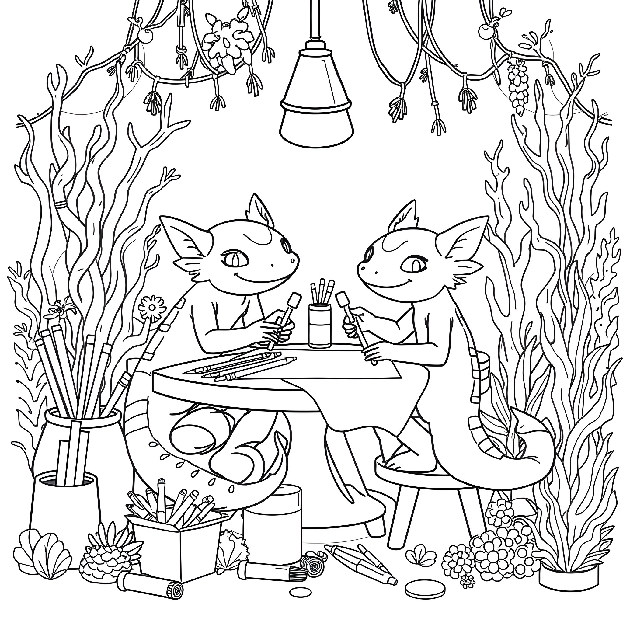 Axolotls having a creative art session Coloring Page (free black-and-white line drawing printable PDF for all, from beginners to advanced learners, including children, teens, adults, and seniors)