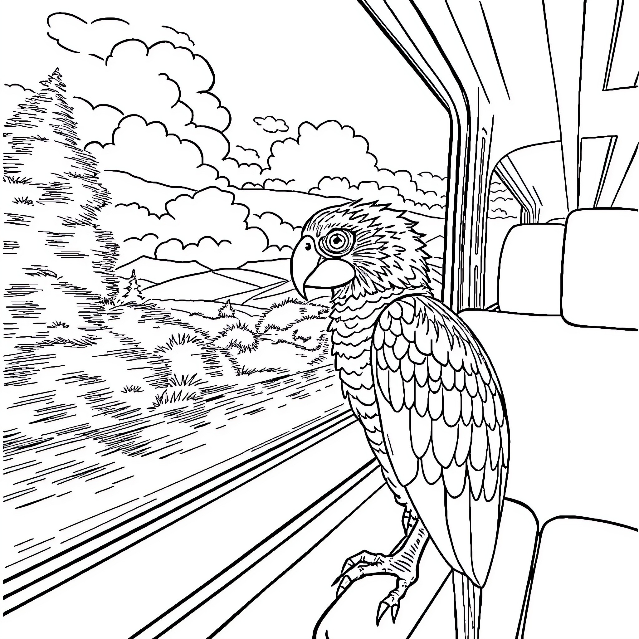 Spider-Man Parrot Admiring Scenic Landscape Coloring Page (free black-and-white line drawing printable PDF for all, from beginners to advanced learners, including children, teens, adults, and seniors)