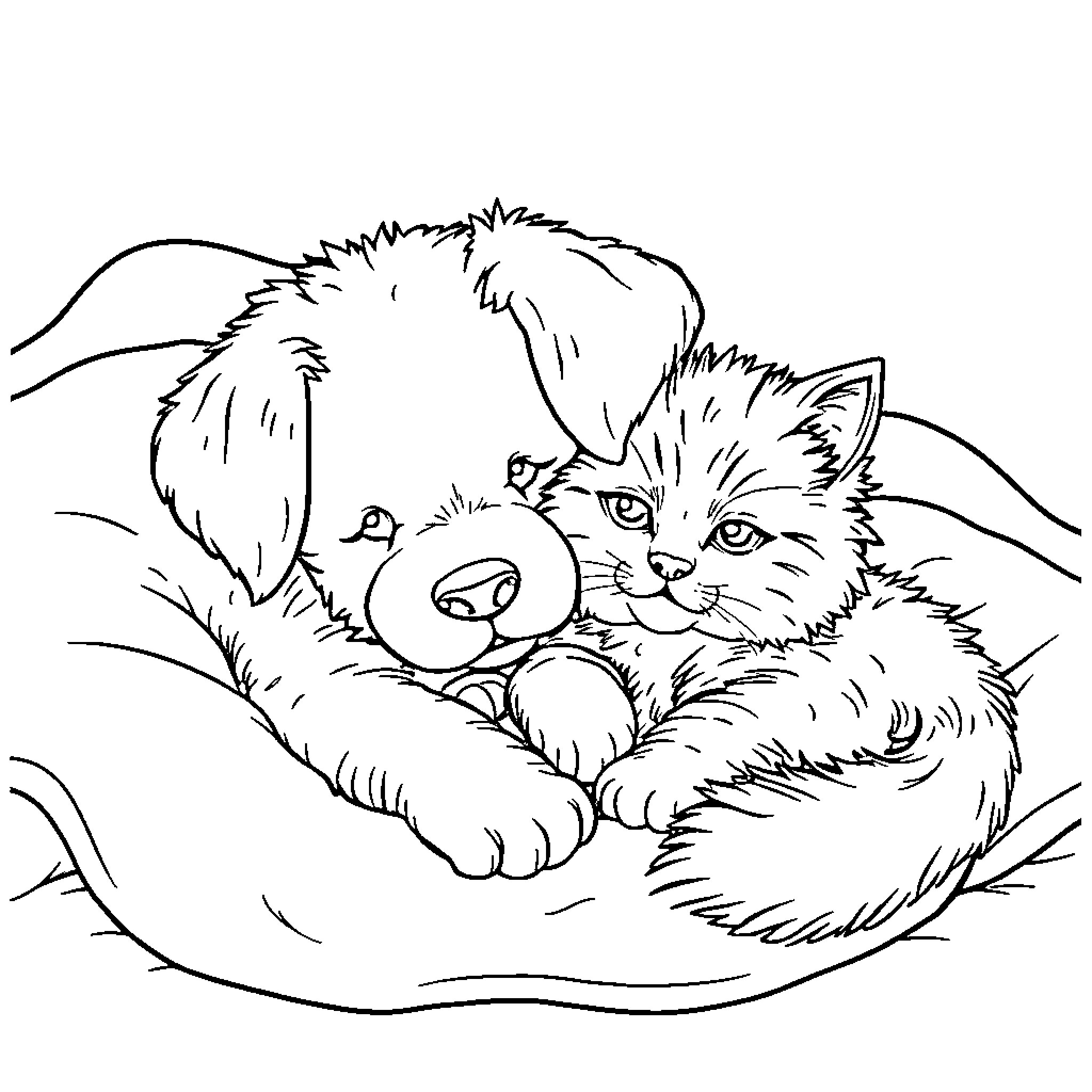 Dog and Kitten Cuddling Affectionately Coloring Page (free black-and-white line drawing printable PDF for all, from beginners to advanced learners, including children, teens, adults, and seniors)
