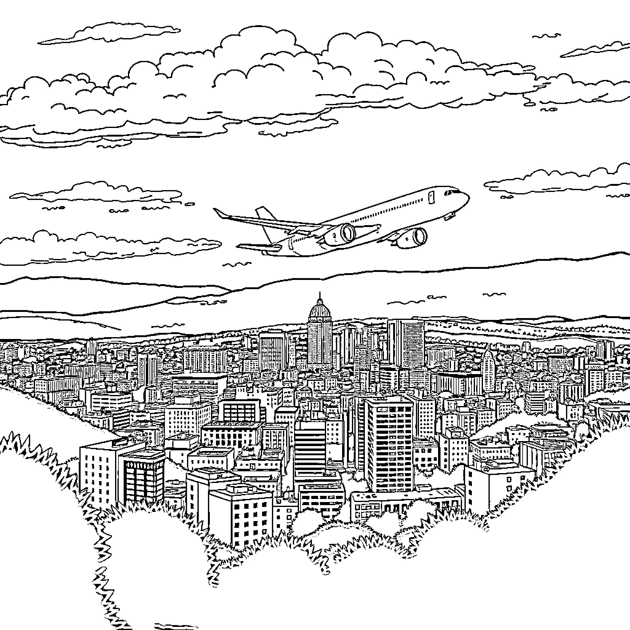 Plane flying over city skyline Coloring Page (free black-and-white line drawing printable PDF for all, from beginners to advanced learners, including children, teens, adults, and seniors)