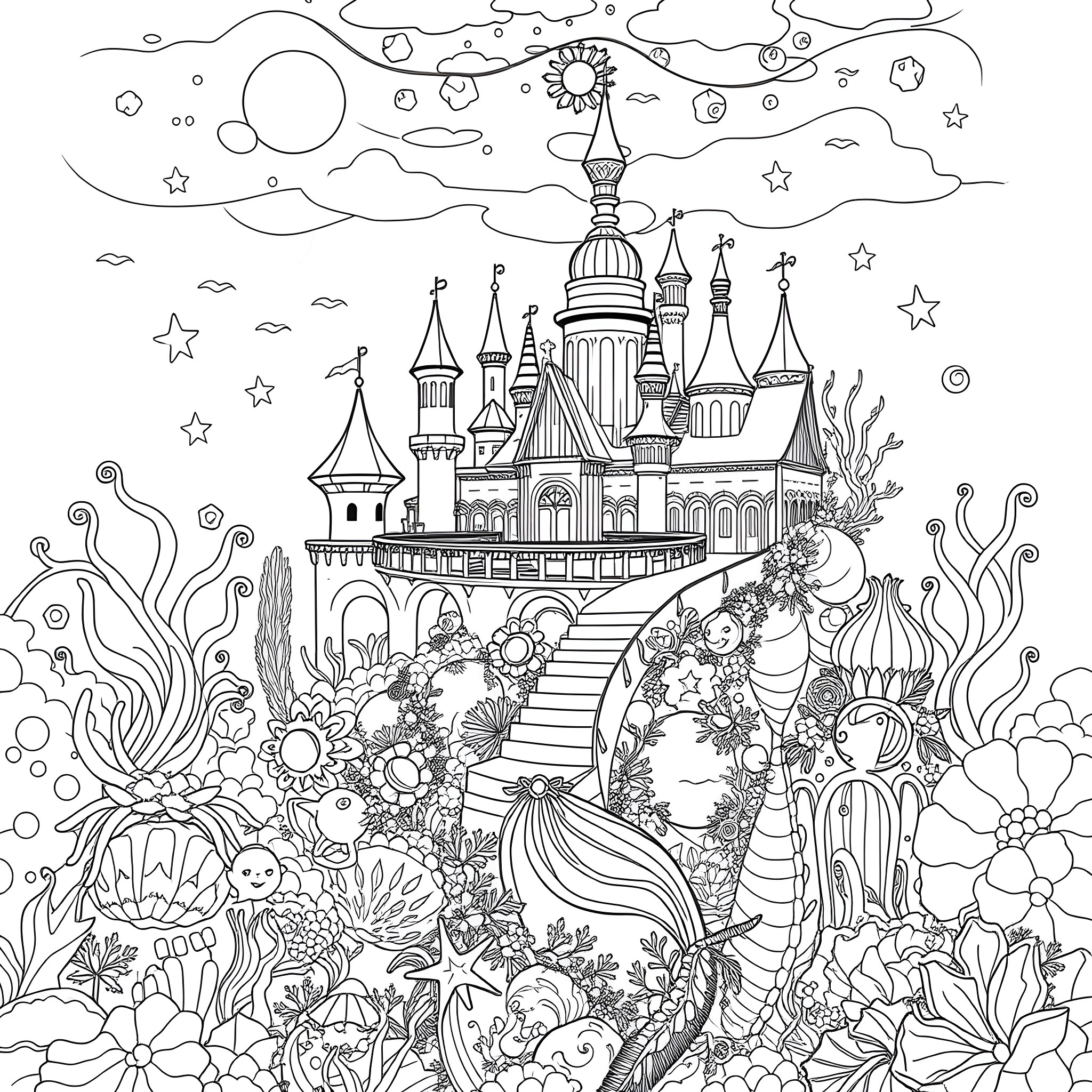 Mermaid's Enchanting Castle in a Whimsical Underwater World Coloring Page (free black-and-white line drawing printable PDF for all, from beginners to advanced learners, including children, teens, adults, and seniors)