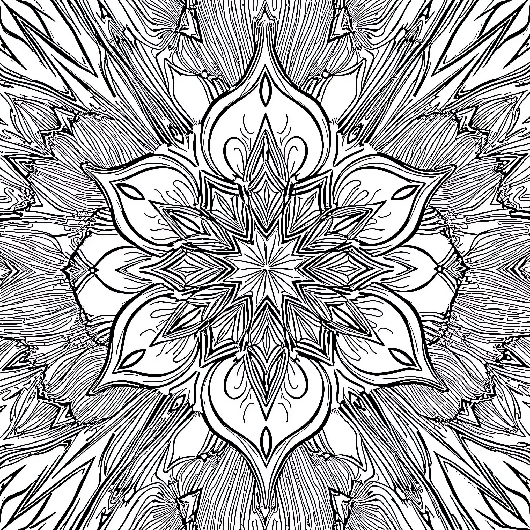 Fractal floral pattern with intricate design Coloring Page (free black-and-white line drawing printable PDF for all, from beginners to advanced learners, including children, teens, adults, and seniors)