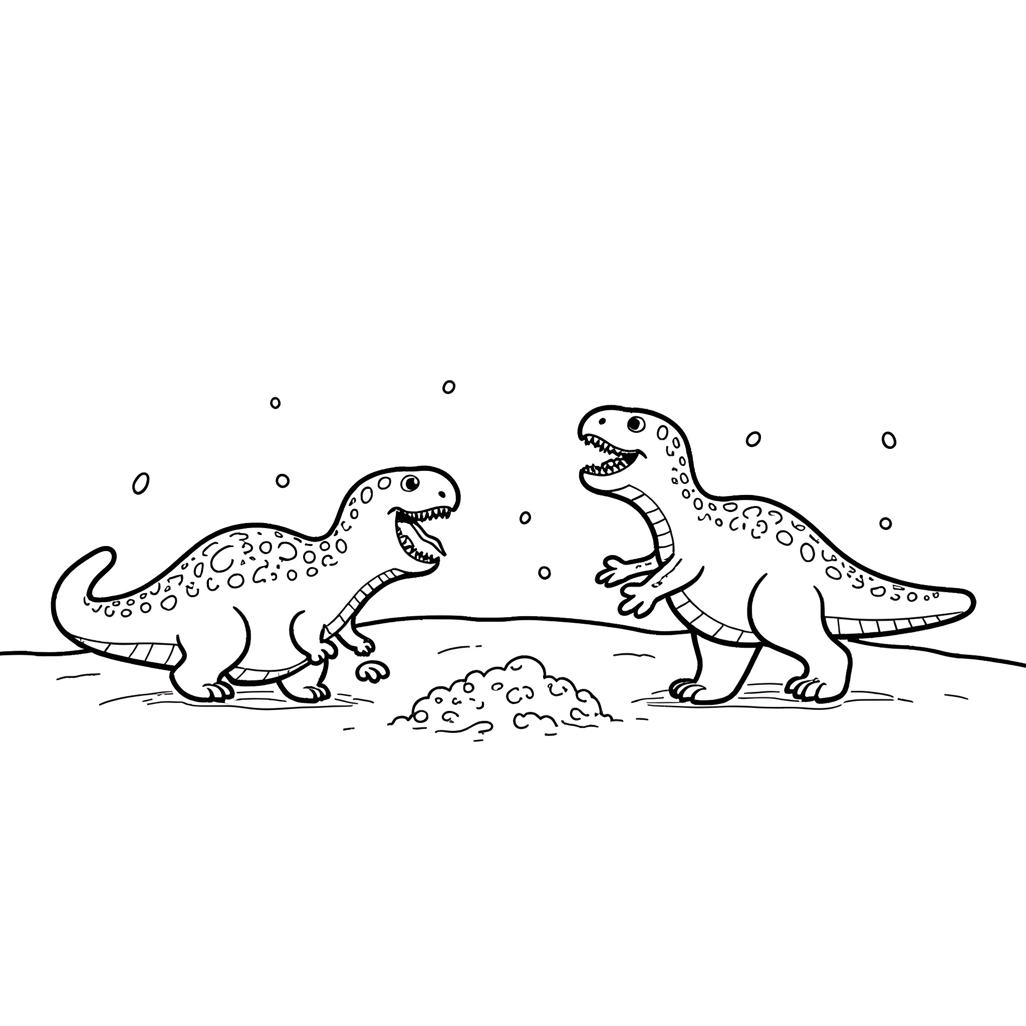 Dinosaurs playing in the wild Coloring Page (free black-and-white line drawing printable PDF for all, from beginners to advanced learners, including children, teens, adults, and seniors)