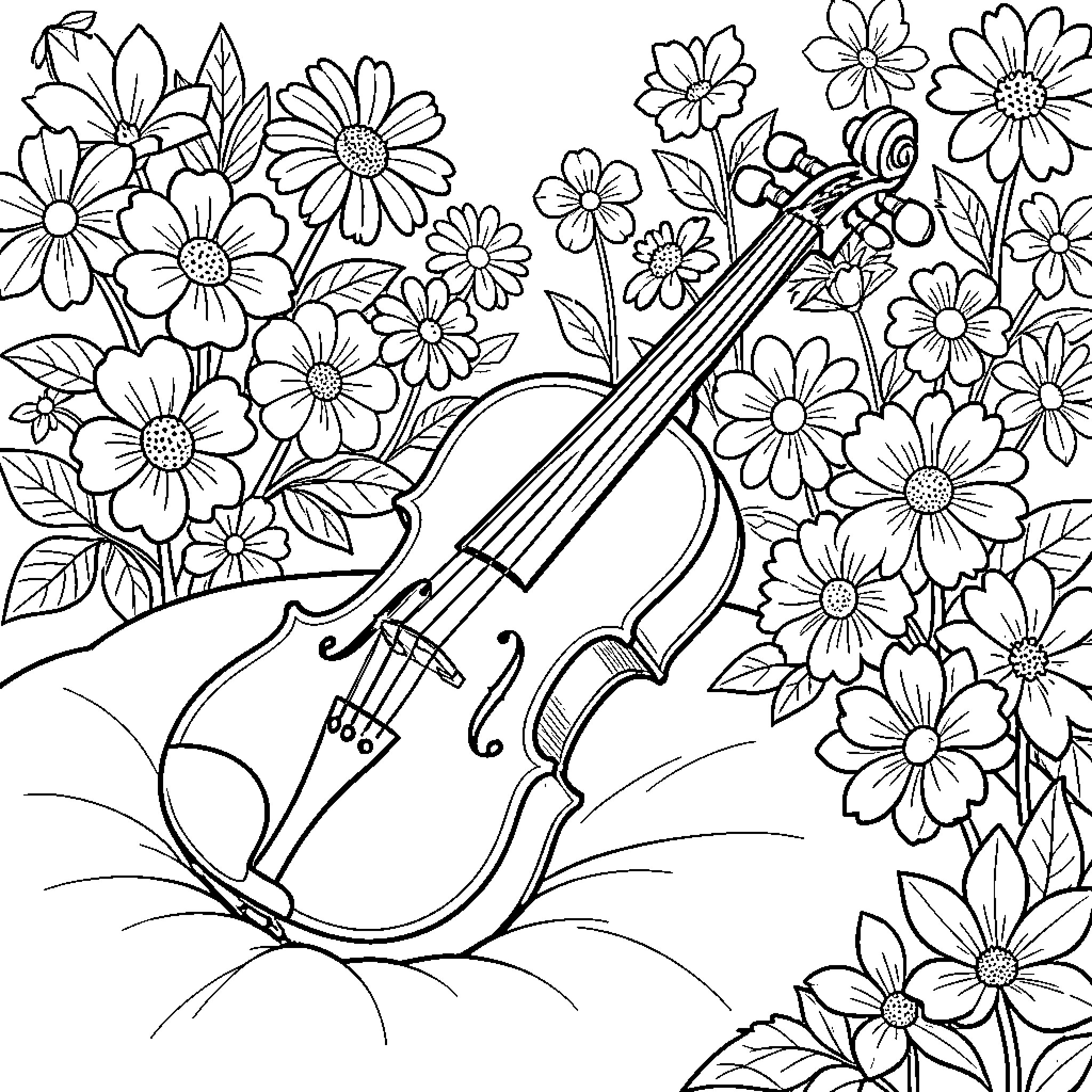Violin amidst a floral garden Coloring Page (free black-and-white line drawing printable PDF for all, from beginners to advanced learners, including children, teens, adults, and seniors)