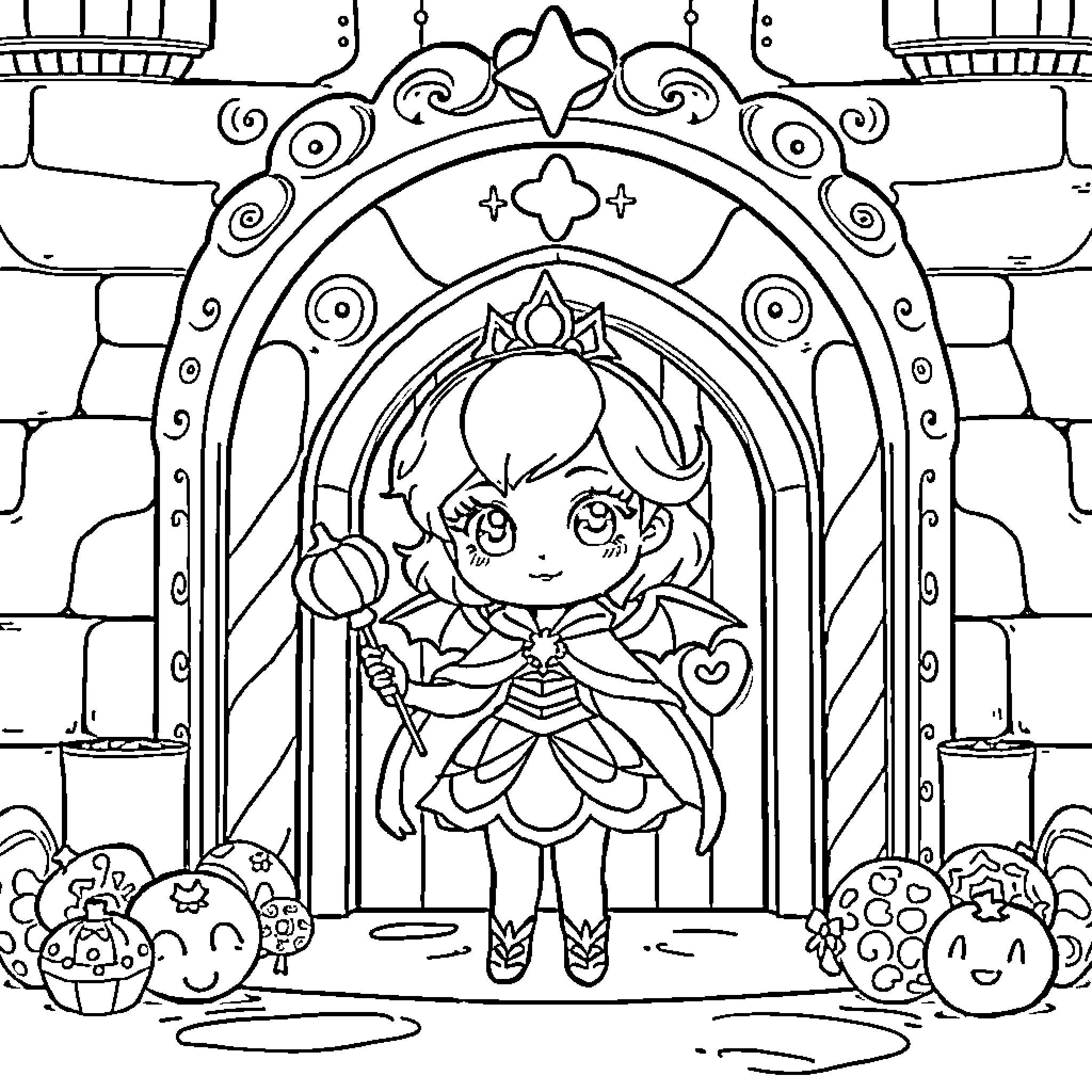 Princess in a Whimsical Castle Scene Coloring Page (free black-and-white line drawing printable PDF for all, from beginners to advanced learners, including children, teens, adults, and seniors)