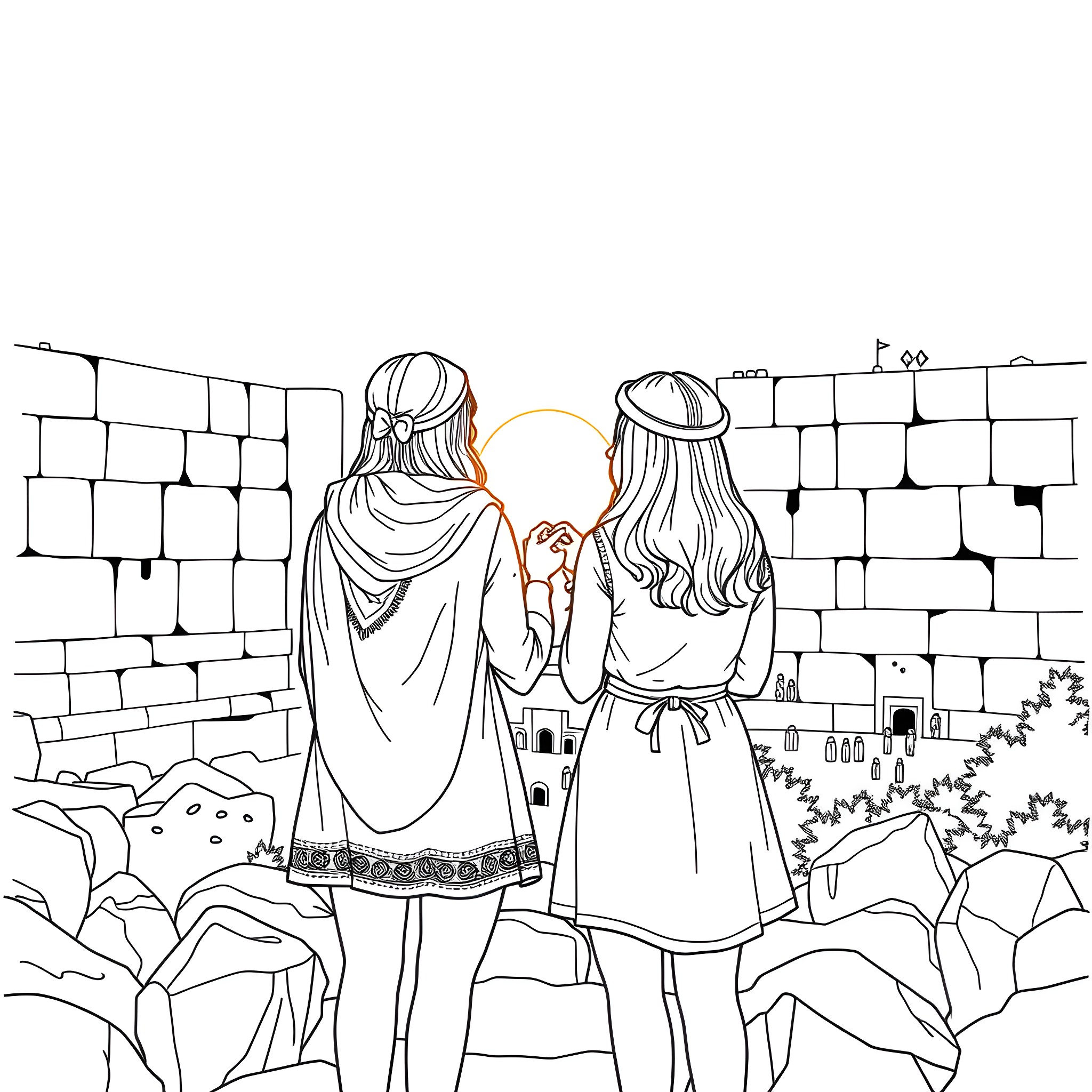 Girls wandering through an old castle wall Coloring Page (free black-and-white line drawing printable PDF for all, from beginners to advanced learners, including children, teens, adults, and seniors)