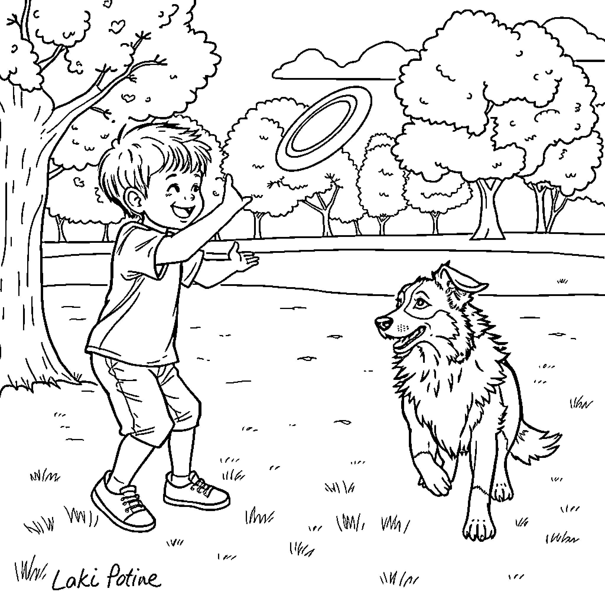 Frisbee playing with a furry friend in the park Coloring Page (free black-and-white line drawing printable PDF for all, from beginners to advanced learners, including children, teens, adults, and seniors)