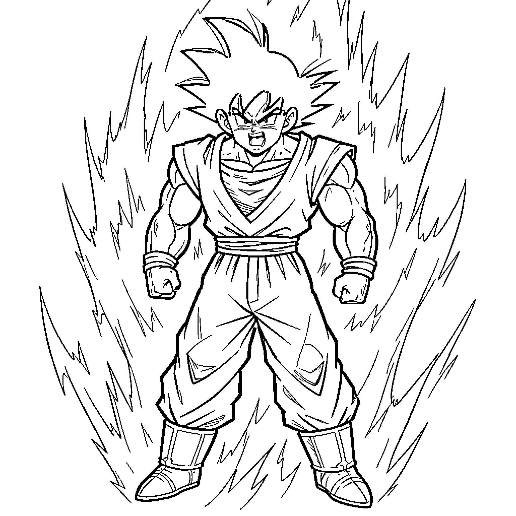 Dragon Ball Z Warrior in Fierce Battle Stance Coloring Page (free black-and-white line drawing printable PDF for all, from beginners to advanced learners, including children, teens, adults, and seniors)