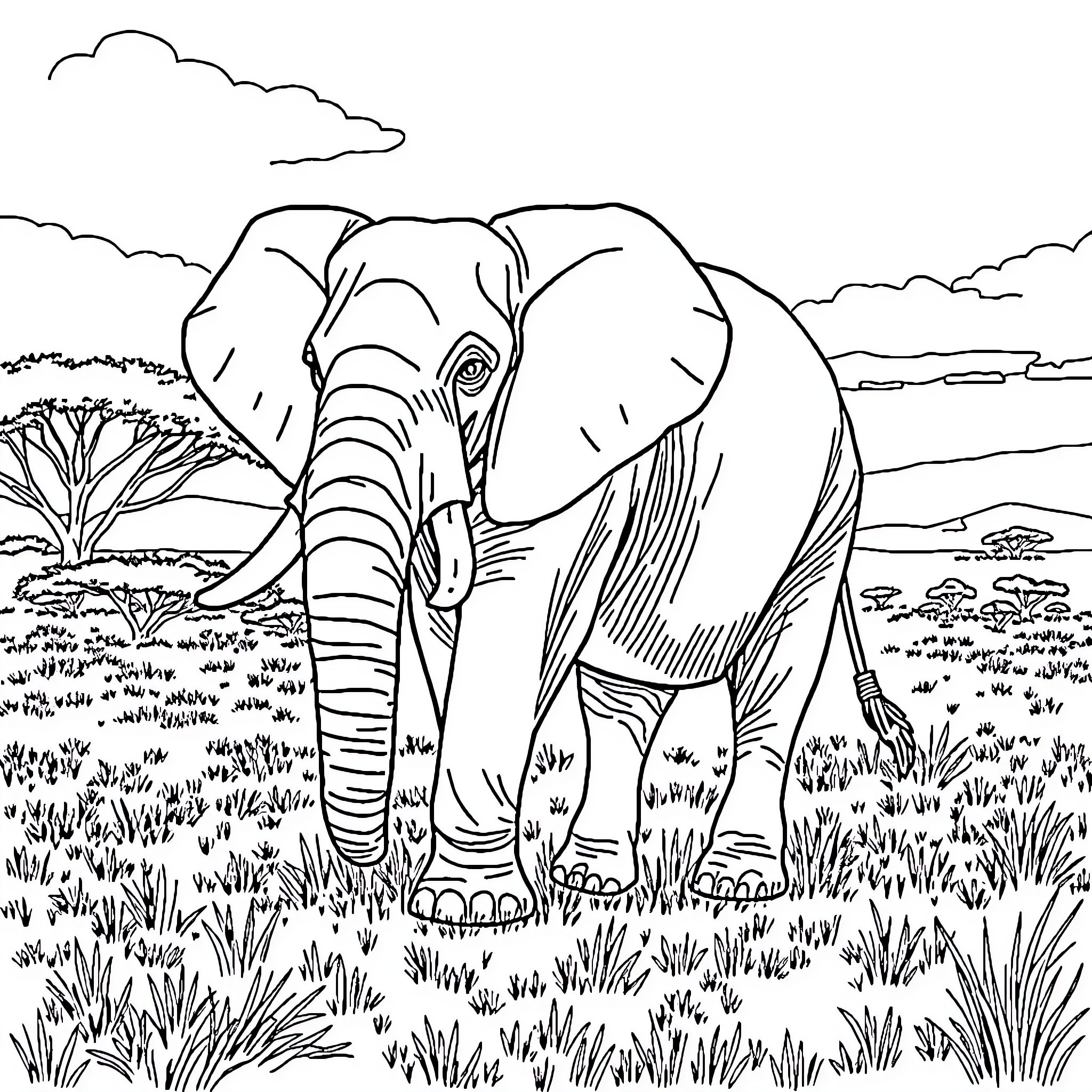 Elephant standing proudly in the African savanna Coloring Page (free black-and-white line drawing printable PDF for all, from beginners to advanced learners, including children, teens, adults, and seniors)