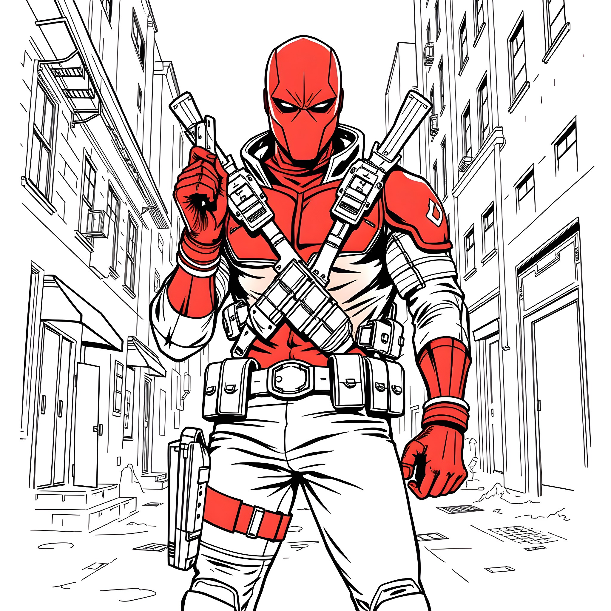 Red Hood's Tactical Heroics in the City Streets Coloring Page (free black-and-white line drawing printable PDF for all, from beginners to advanced learners, including children, teens, adults, and seniors)