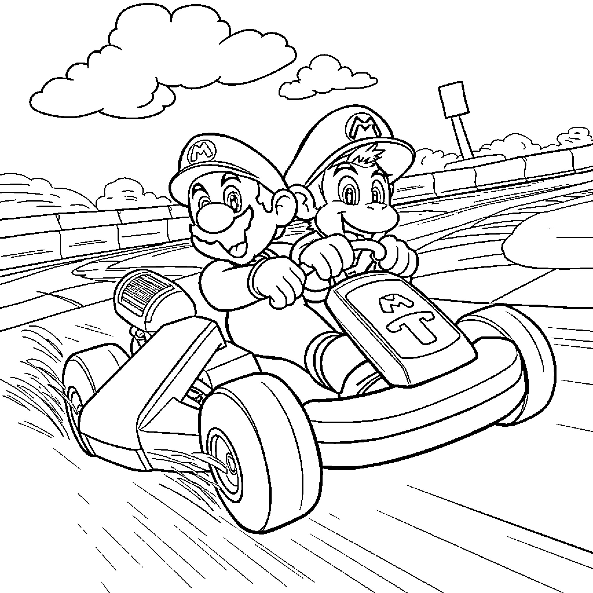 Mario and Luigi racing in go-karts Coloring Page (free black-and-white line drawing printable PDF for all, from beginners to advanced learners, including children, teens, adults, and seniors)