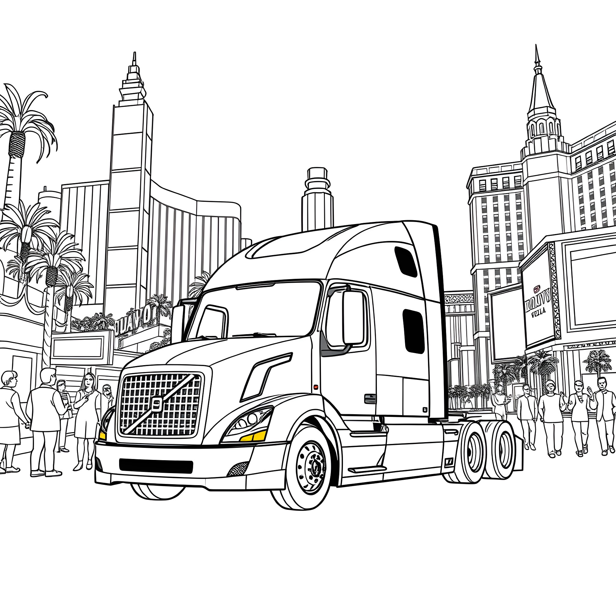 Volvo semi-truck driving in a busy city Coloring Page (free black-and-white line drawing printable PDF for all, from beginners to advanced learners, including children, teens, adults, and seniors)