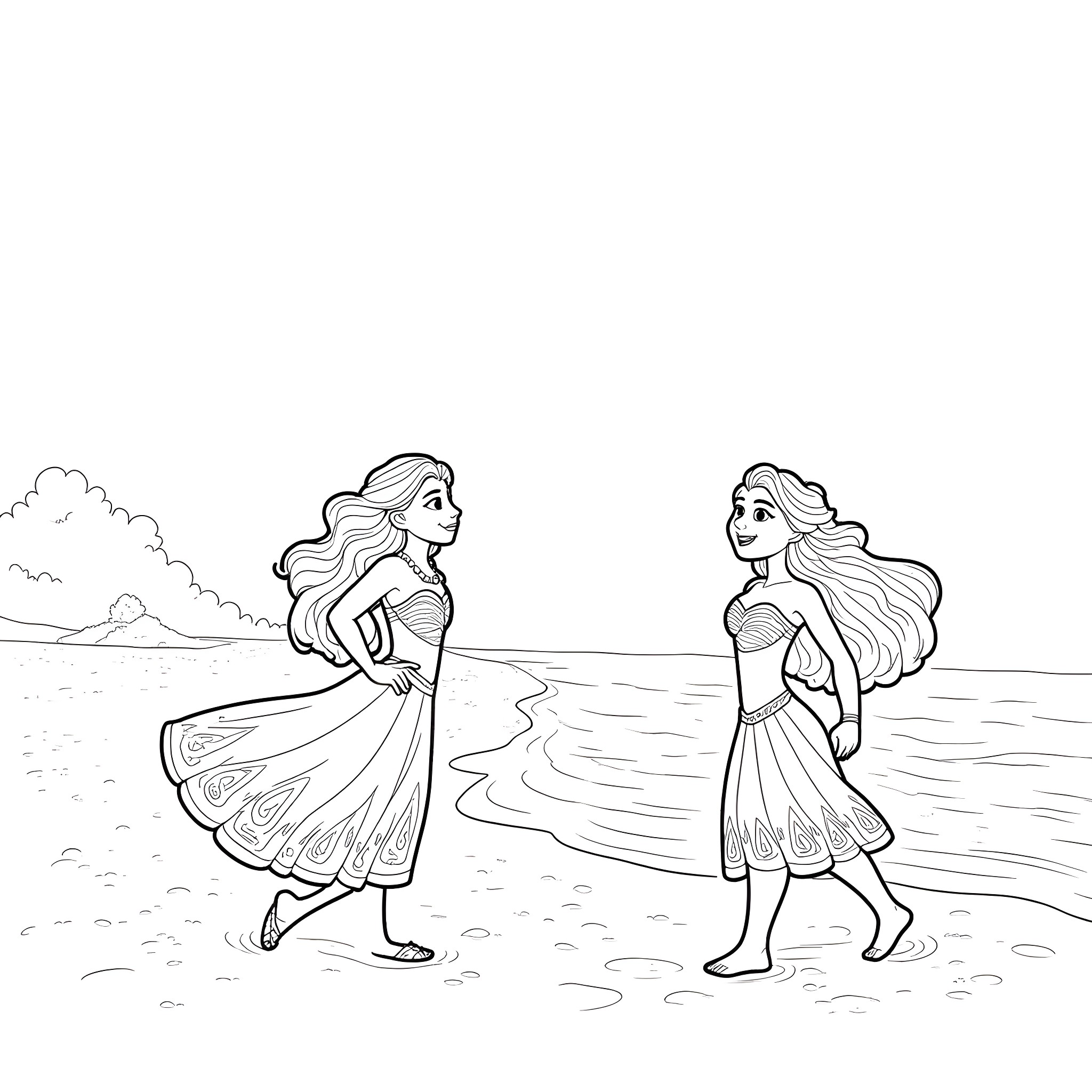 Moana and Maui enjoying a seaside stroll Coloring Page (free black-and-white line drawing printable PDF for all, from beginners to advanced learners, including children, teens, adults, and seniors)