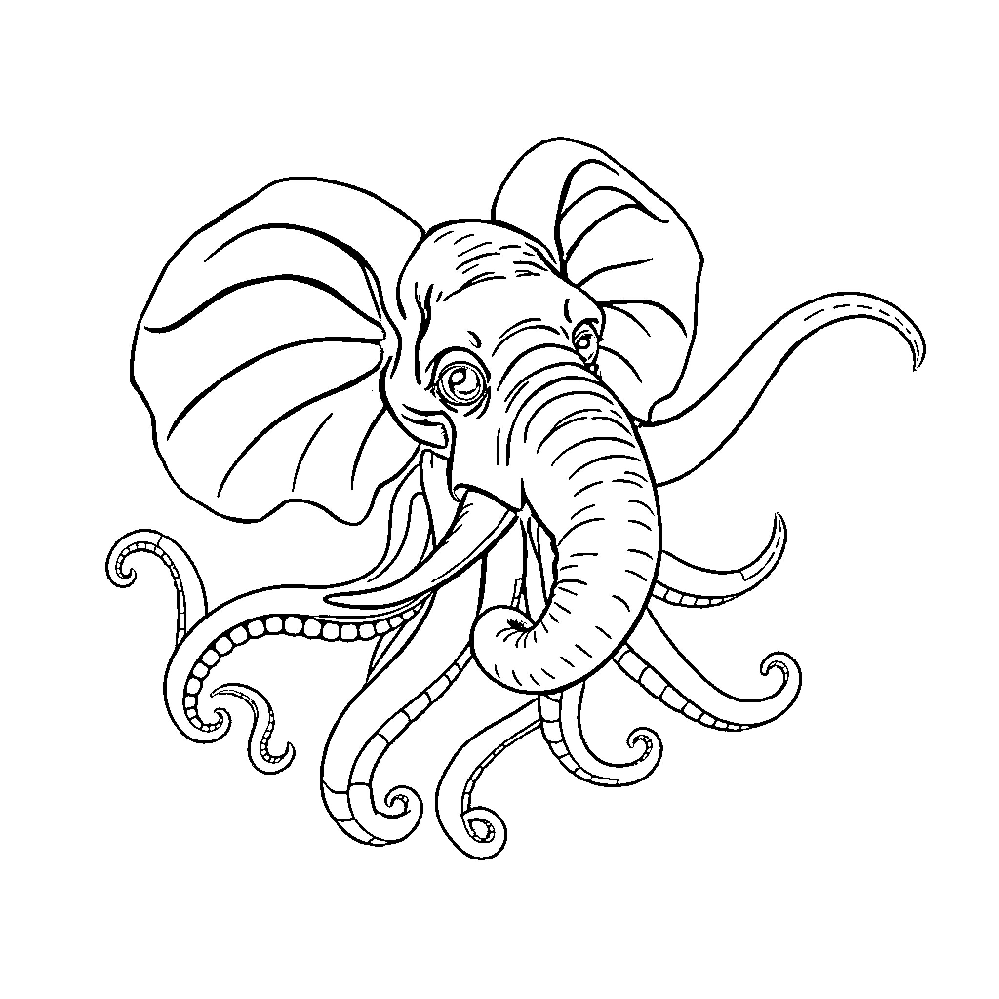 Elephant-Octopus Hybrid in Playful Pose Coloring Page (free black-and-white line drawing printable PDF for all, from beginners to advanced learners, including children, teens, adults, and seniors)