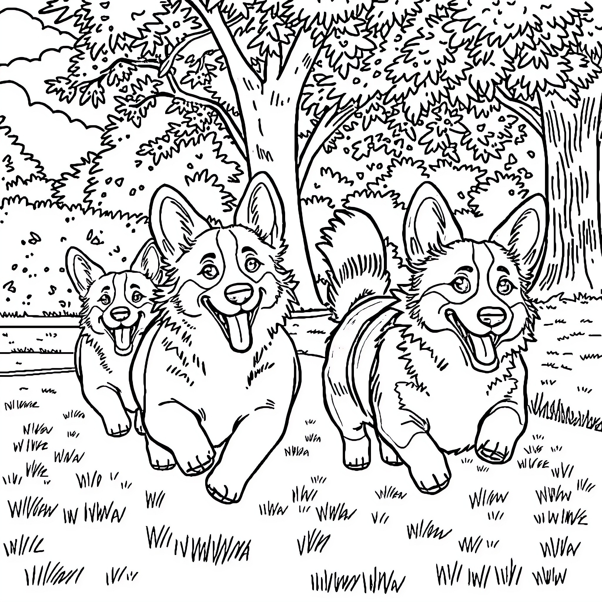 Corgi dogs enjoying a playful day outdoors Coloring Page (free black-and-white line drawing printable PDF for all, from beginners to advanced learners, including children, teens, adults, and seniors)