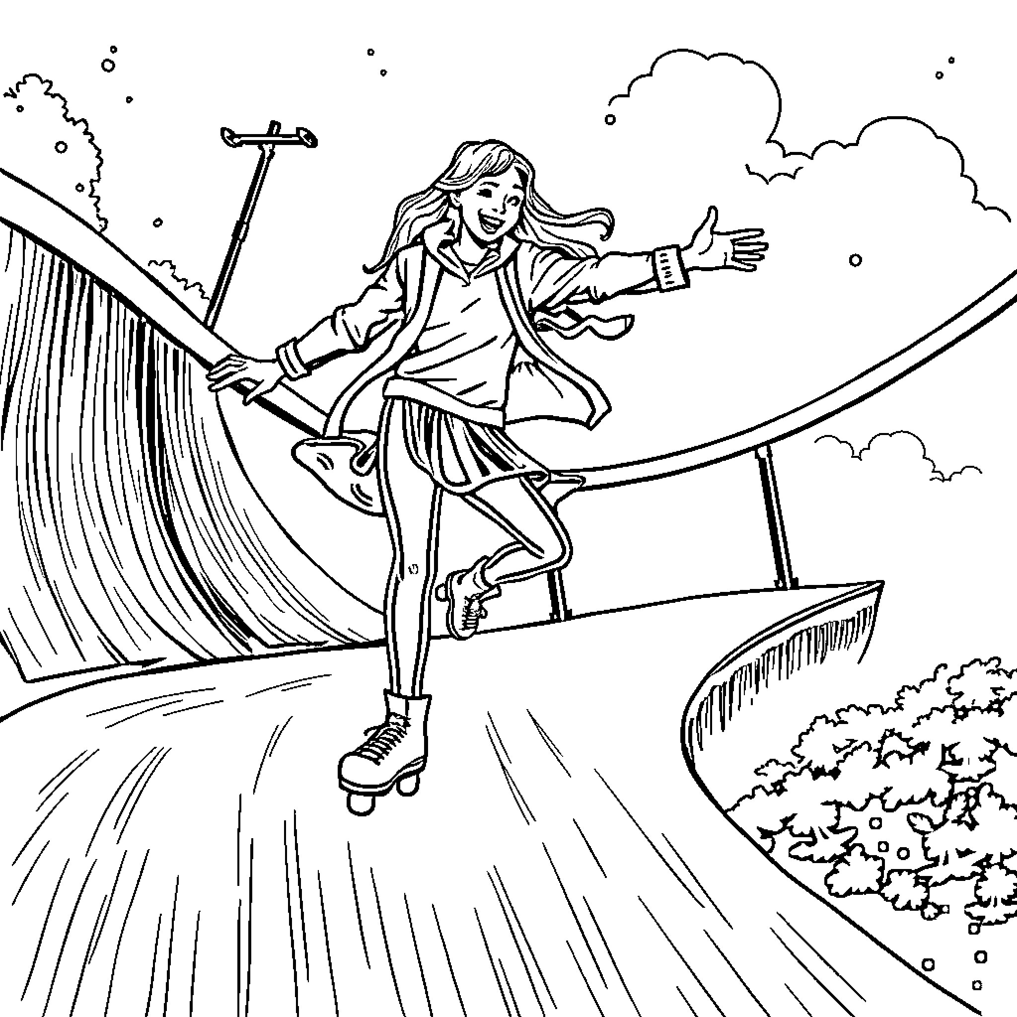 Person rollerblading through a scenic landscape Coloring Page (free black-and-white line drawing printable PDF for all, from beginners to advanced learners, including children, teens, adults, and seniors)