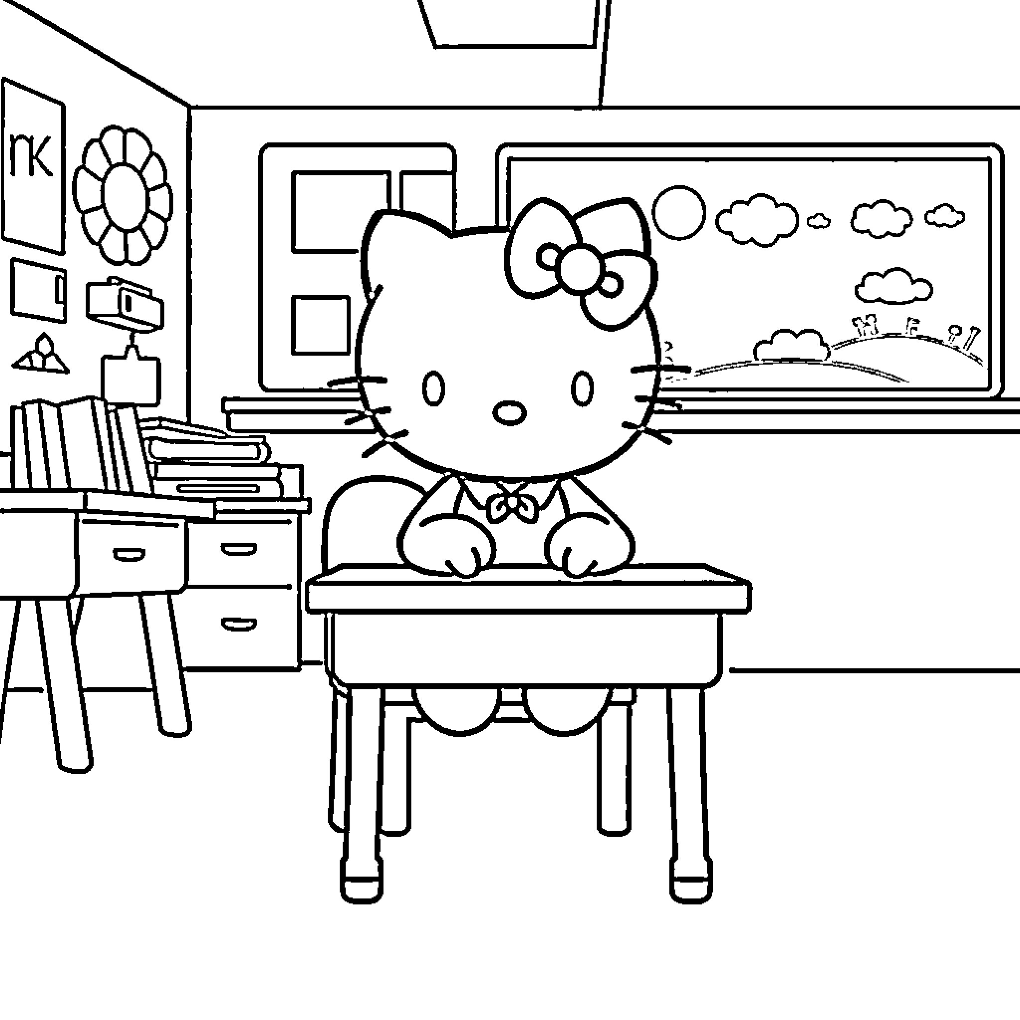 Hello Kitty studying happily in the classroom Coloring Page (free black-and-white line drawing printable PDF for all, from beginners to advanced learners, including children, teens, adults, and seniors)