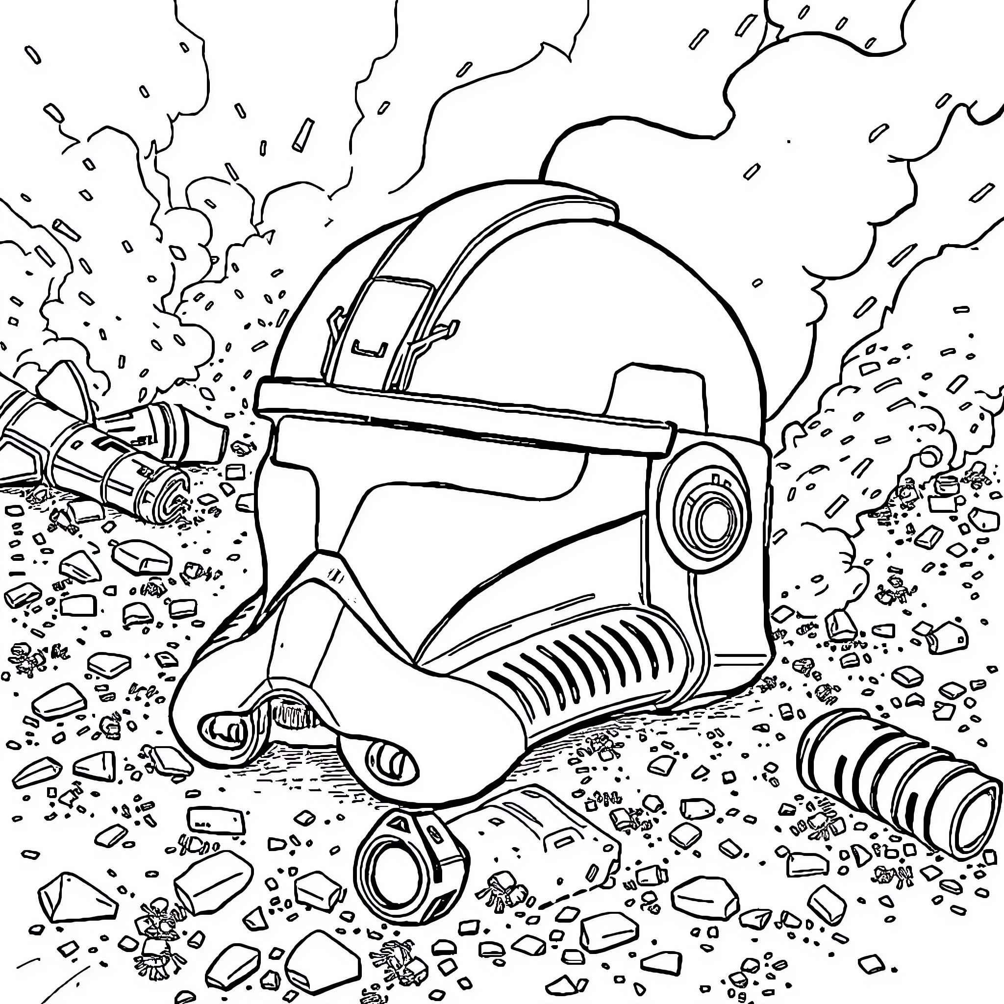Clone Trooper Firing Blaster Amidst Debris Coloring Page (free black-and-white line drawing printable PDF for all, from beginners to advanced learners, including children, teens, adults, and seniors)