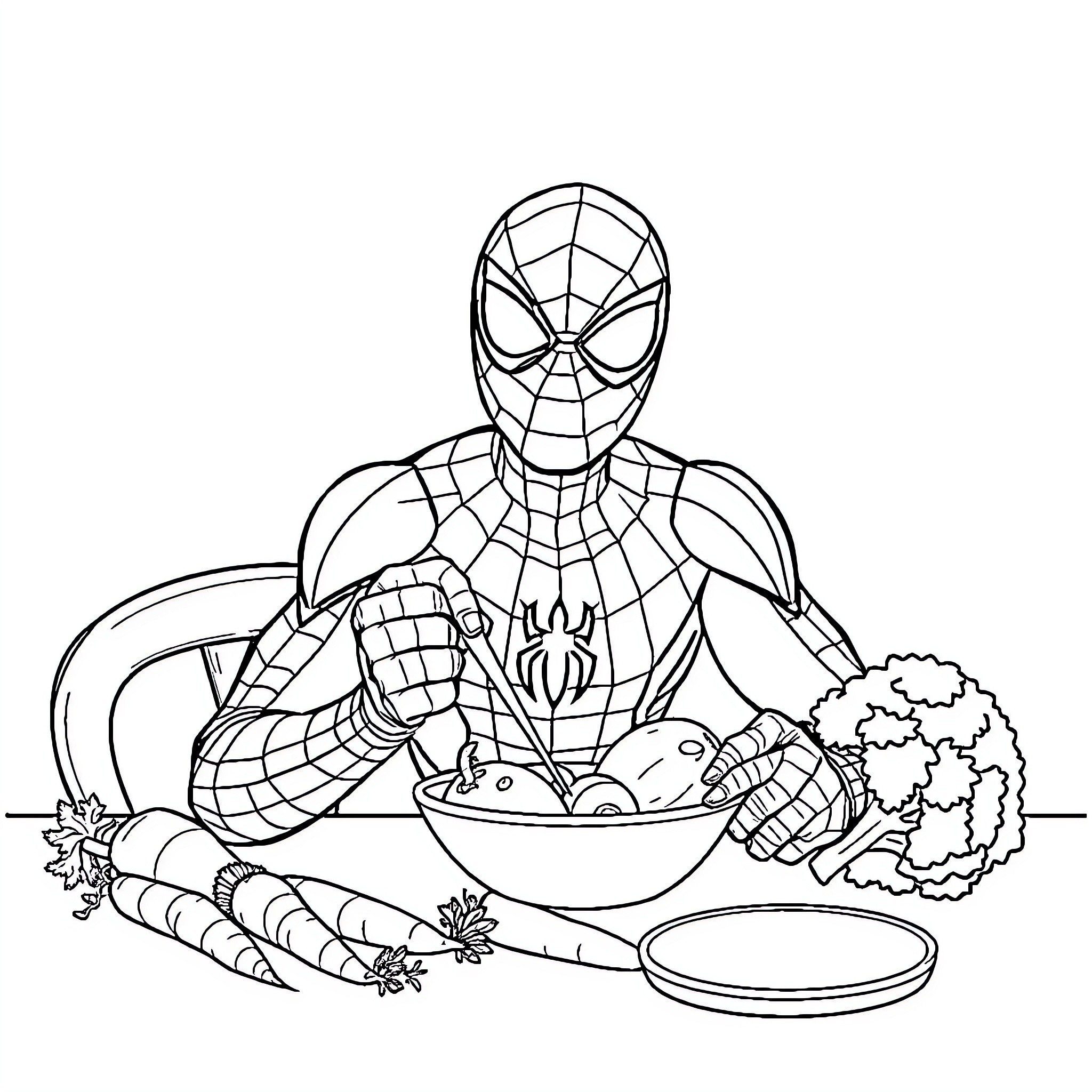 Spiderman cooking a healthy meal Coloring Page (free black-and-white line drawing printable PDF for all, from beginners to advanced learners, including children, teens, adults, and seniors)
