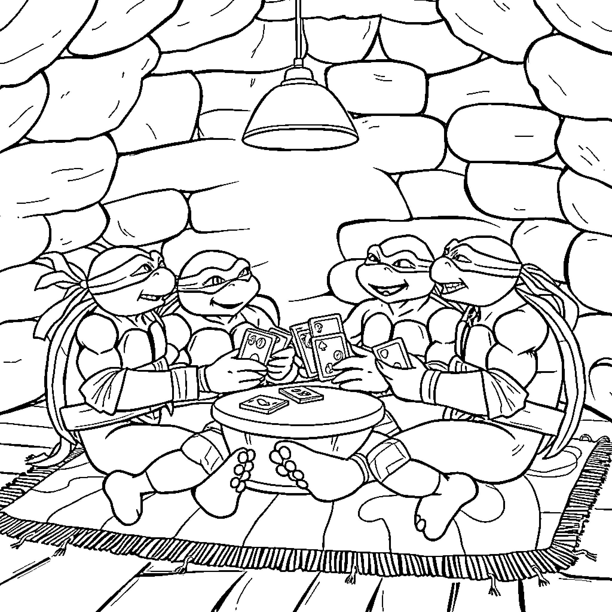 Ninja Turtles gaming together in cozy hideout Coloring Page (free black-and-white line drawing printable PDF for all, from beginners to advanced learners, including children, teens, adults, and seniors)