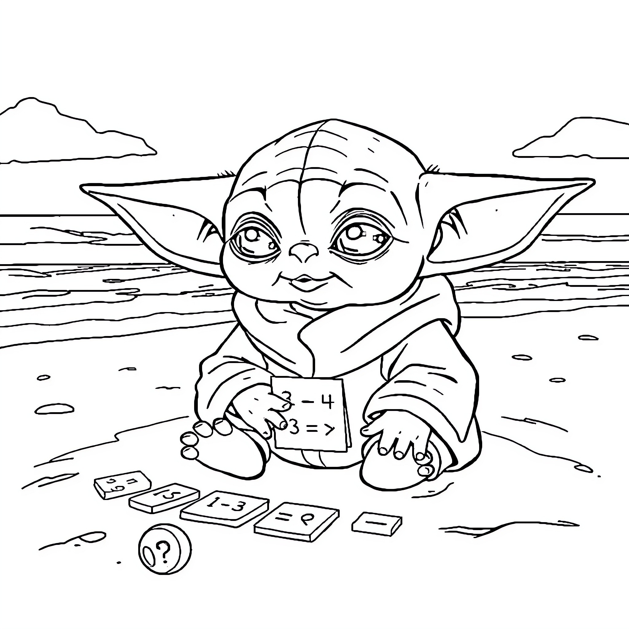 Baby Yoda playing with math blocks by the lake Coloring Page (free black-and-white line drawing printable PDF for all, from beginners to advanced learners, including children, teens, adults, and seniors)
