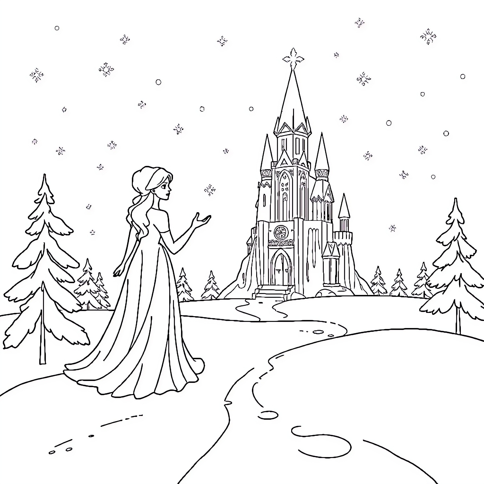Snow Queen and her majestic ice castle Coloring Page (free black-and-white line drawing printable PDF for all, from beginners to advanced learners, including children, teens, adults, and seniors)