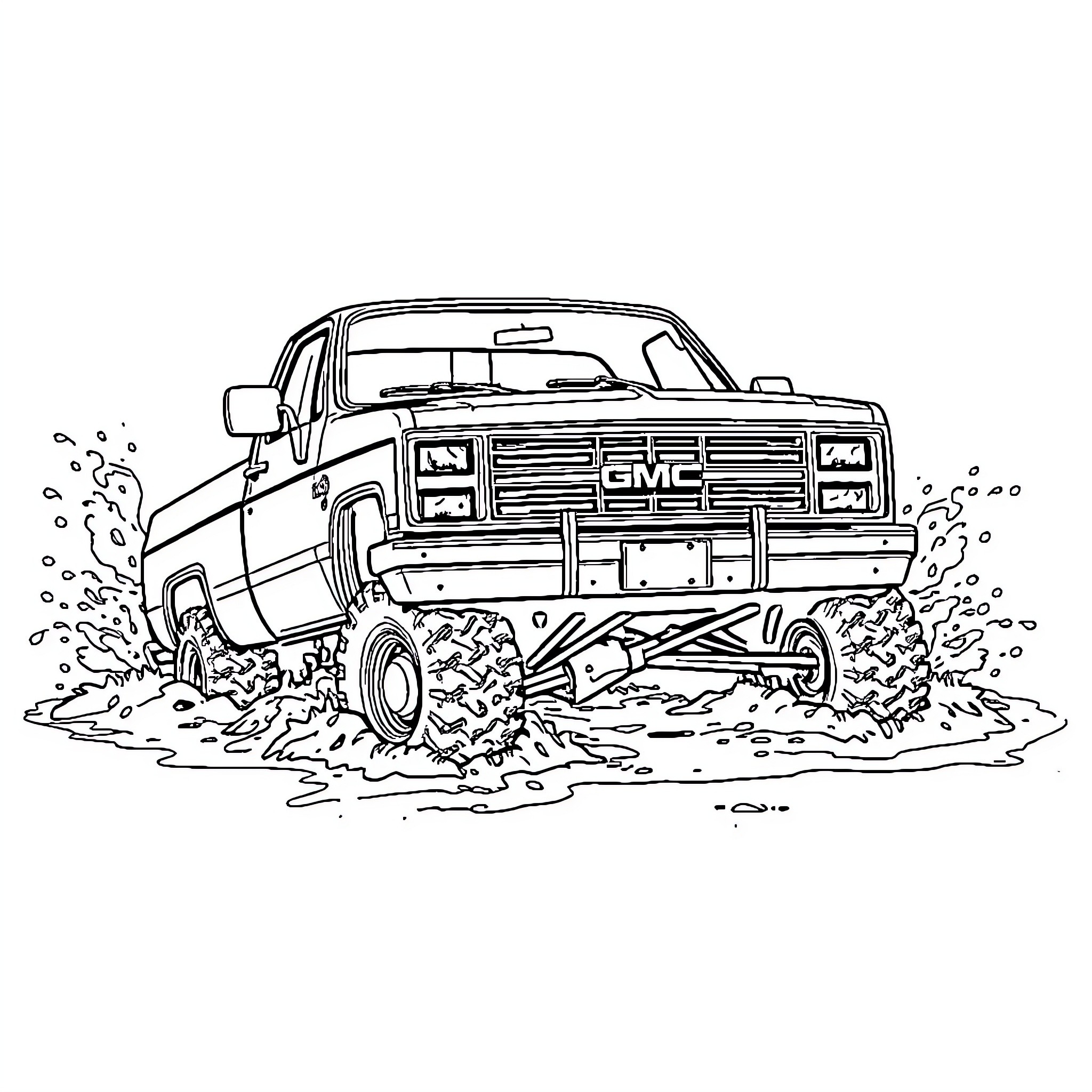 GMC Truck driving through mud and water Coloring Page (free black-and-white line drawing printable PDF for all, from beginners to advanced learners, including children, teens, adults, and seniors)