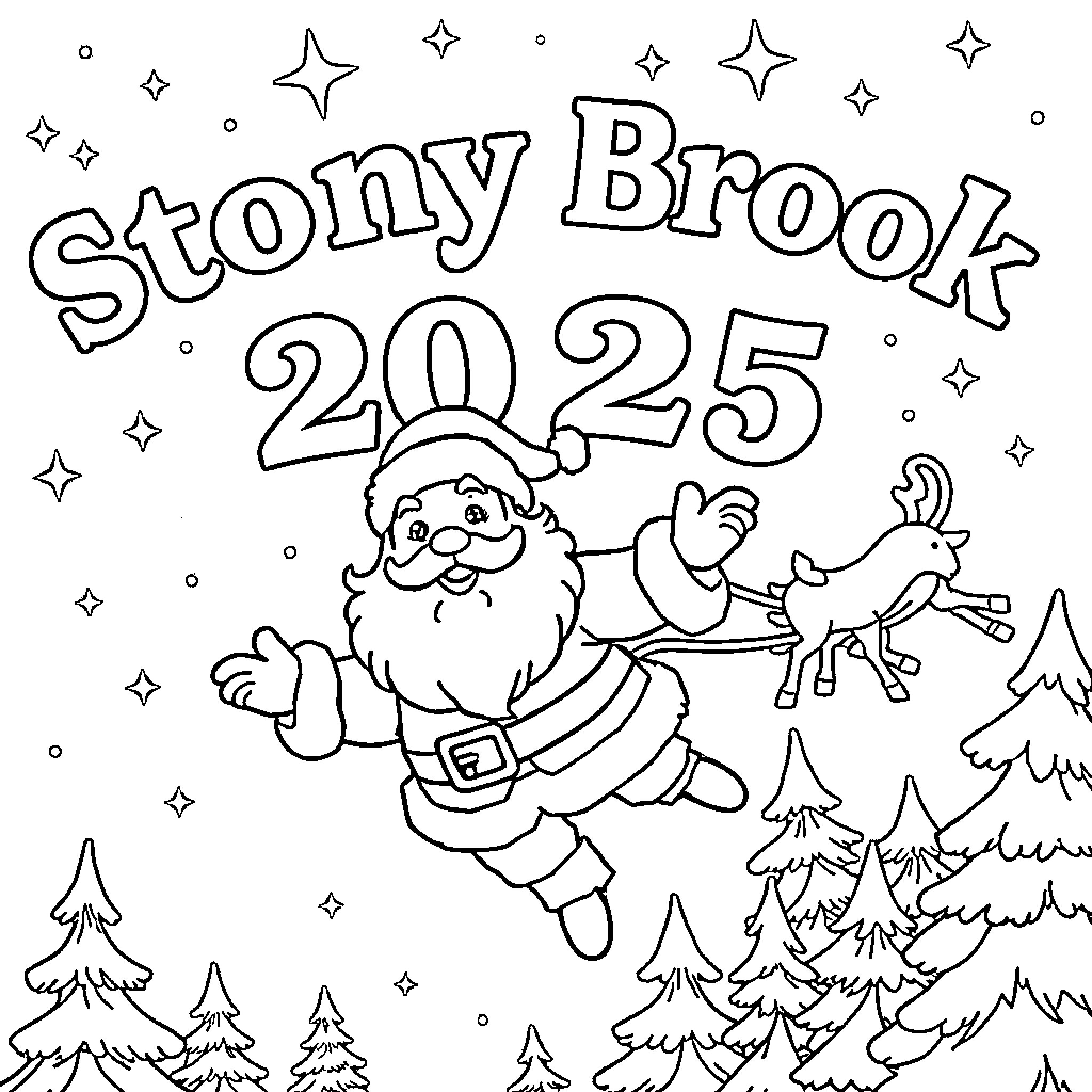 Santa soaring through the starry night sky Coloring Page (free black-and-white line drawing printable PDF for all, from beginners to advanced learners, including children, teens, adults, and seniors)