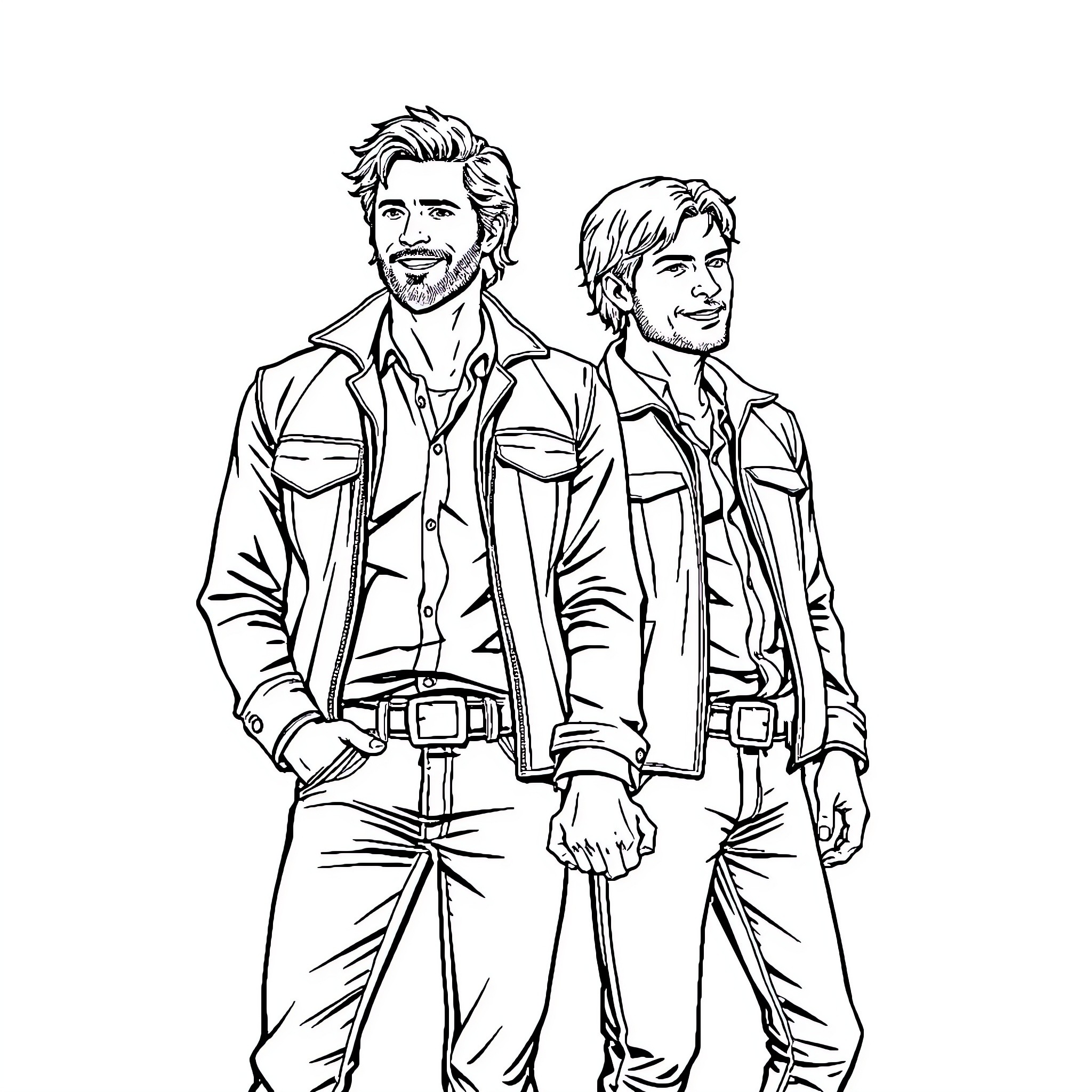 Winchester Brothers in Casual Attire Coloring Page (free black-and-white line drawing printable PDF for all, from beginners to advanced learners, including children, teens, adults, and seniors)