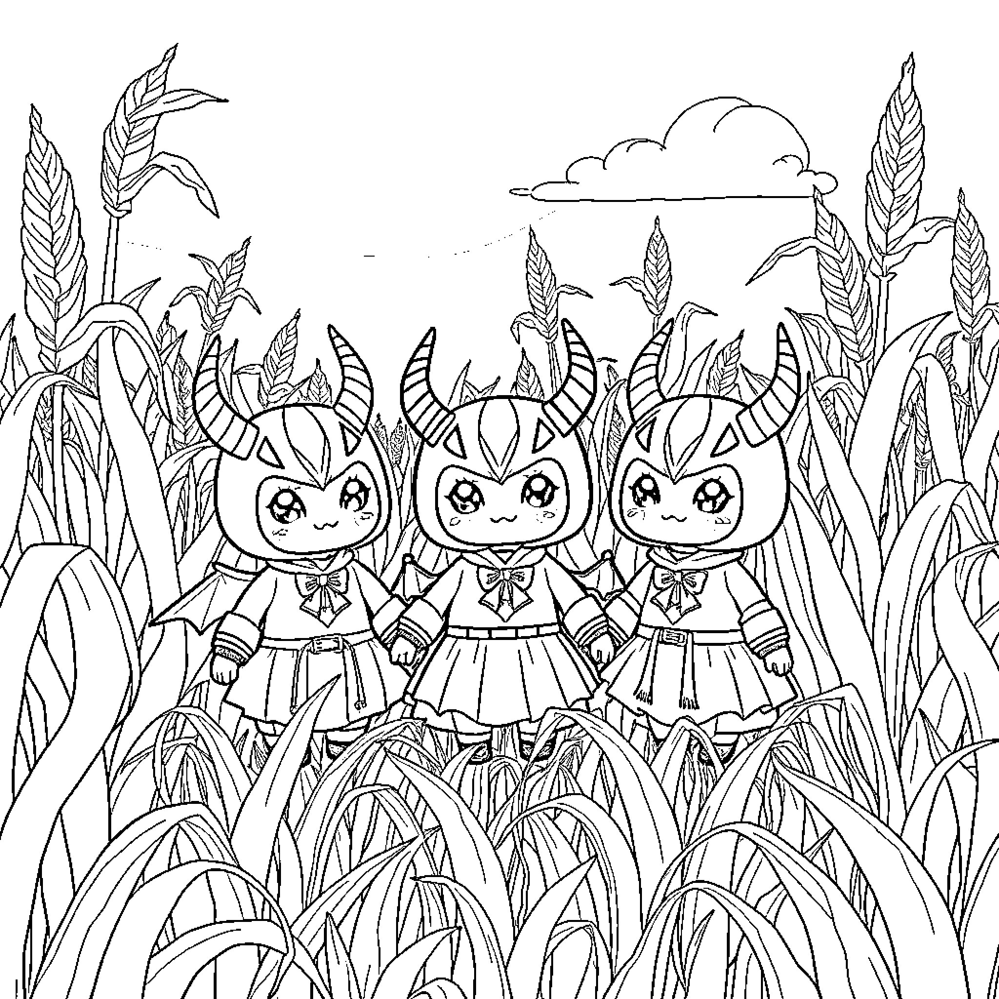 Demon Hunter Trio in a Fantastical Landscape Coloring Page (free black-and-white line drawing printable PDF for all, from beginners to advanced learners, including children, teens, adults, and seniors)