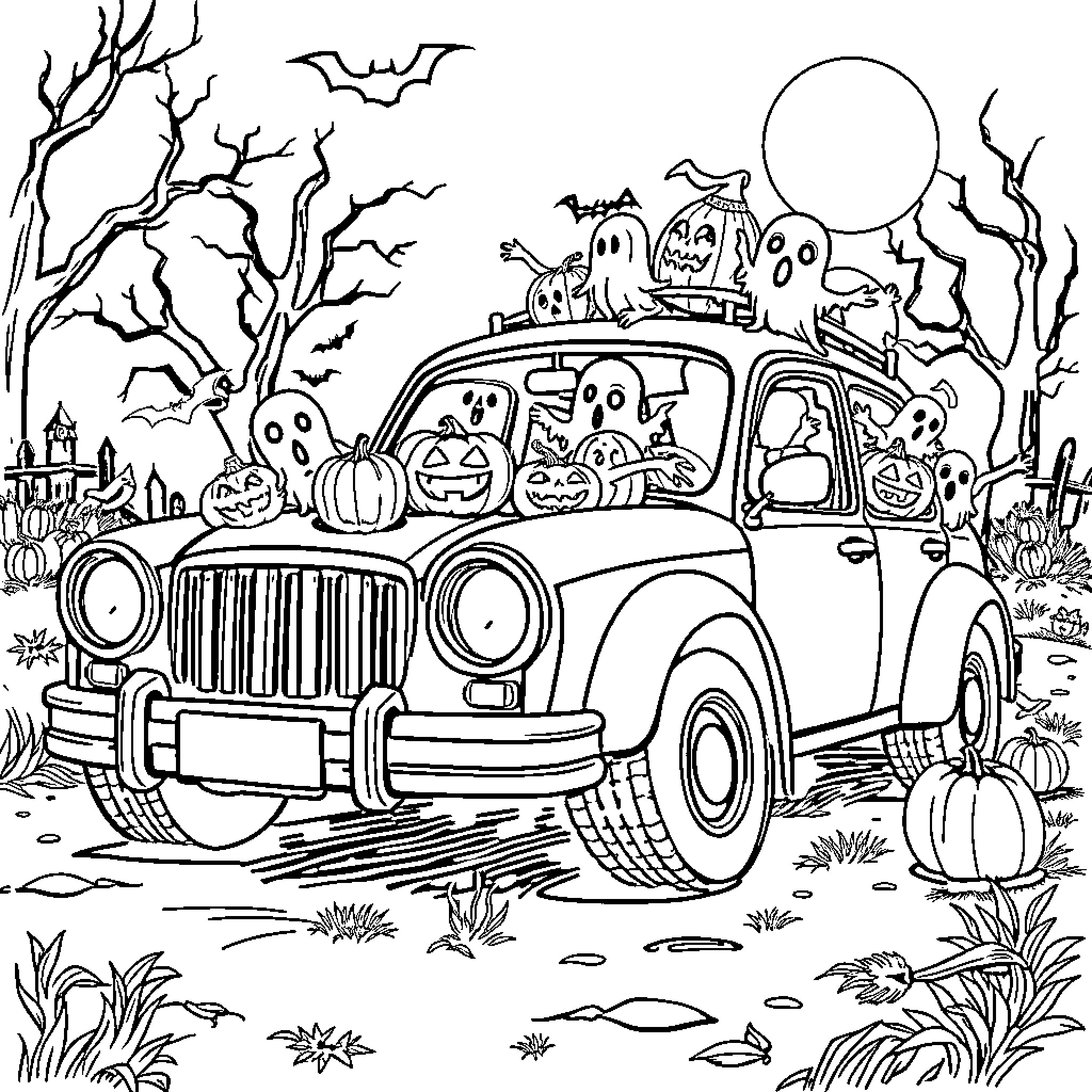 Halloween Car Filled with Spooky Decorations Coloring Page (free black-and-white line drawing printable PDF for all, from beginners to advanced learners, including children, teens, adults, and seniors)