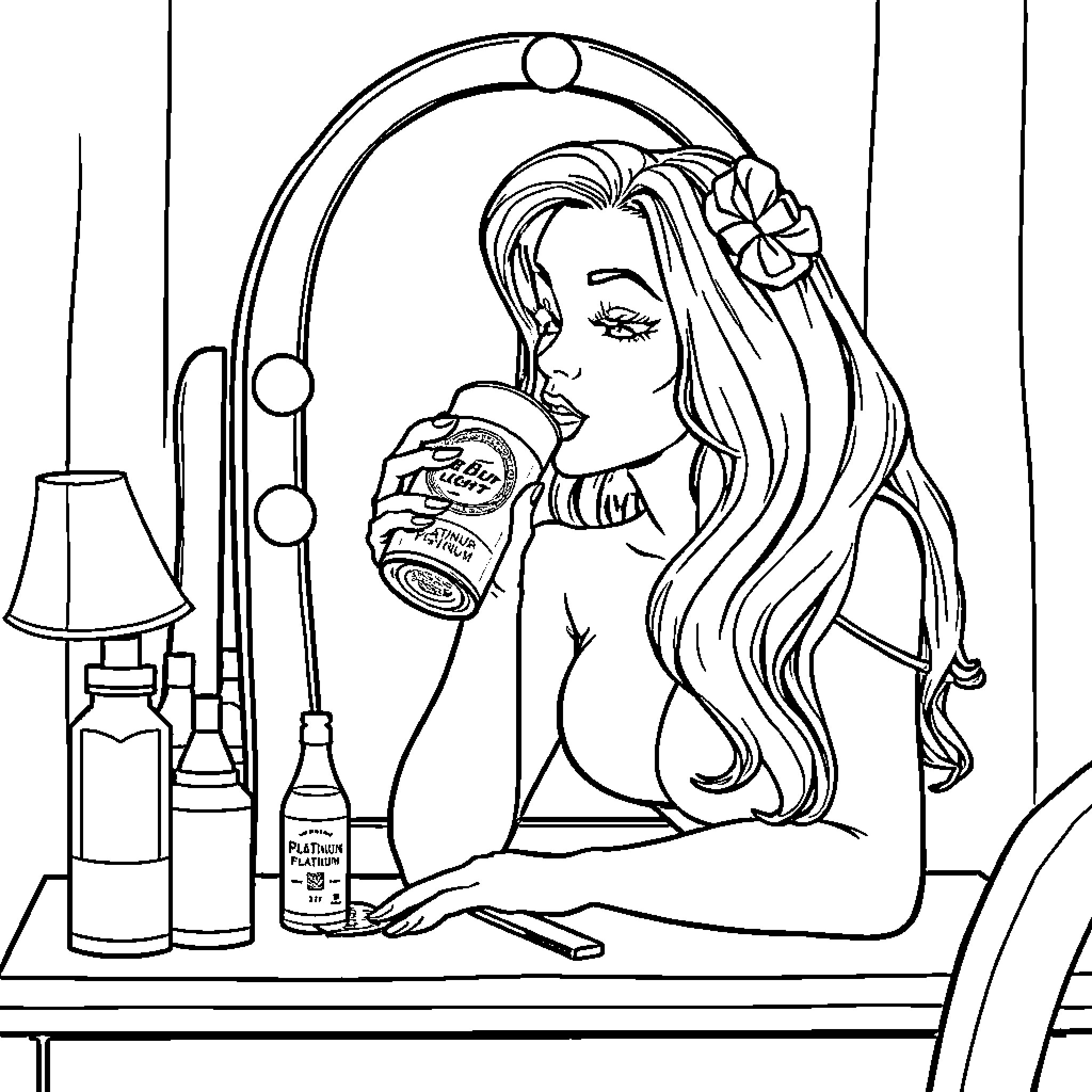 Girl enjoying a beverage in front of a mirror Coloring Page (free black-and-white line drawing printable PDF for all, from beginners to advanced learners, including children, teens, adults, and seniors)